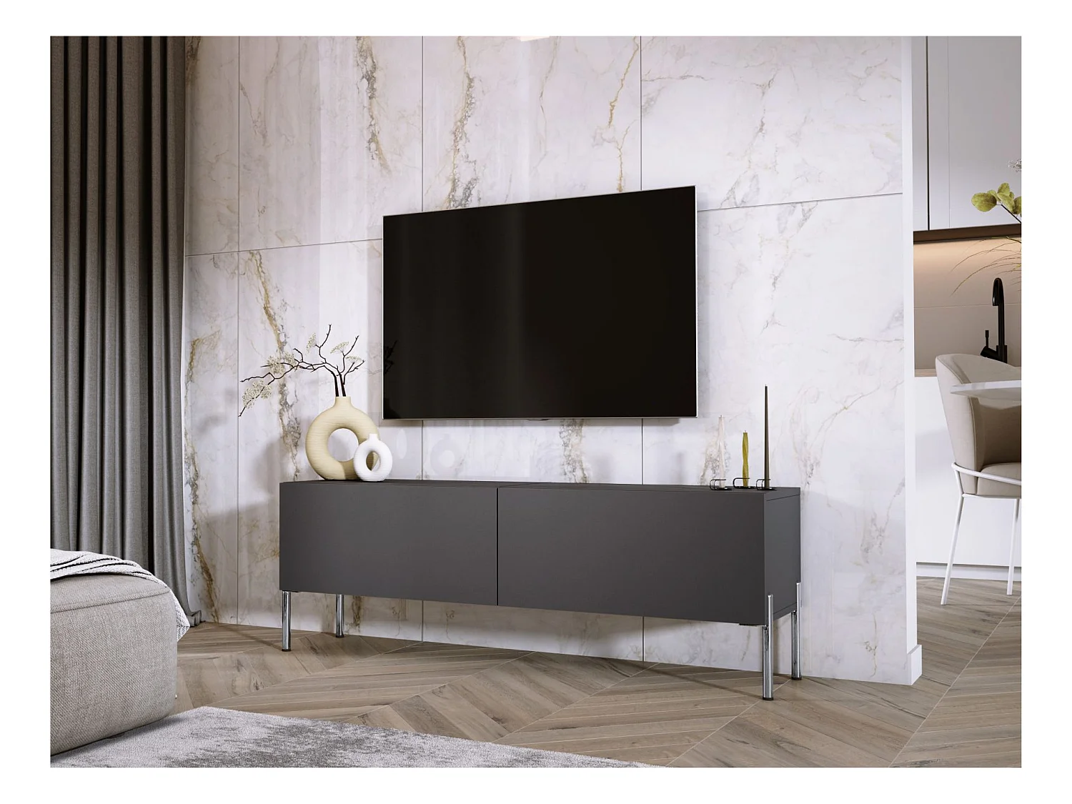 Meuble TV:  Anthracite, pieds Chrome, 140 x 52 x 32 cm