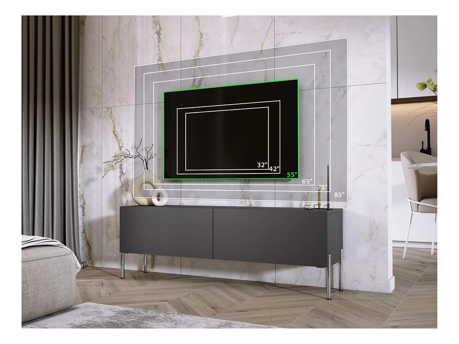 Meuble TV:  Anthracite, pieds Chrome, 140 x 52 x 32 cm