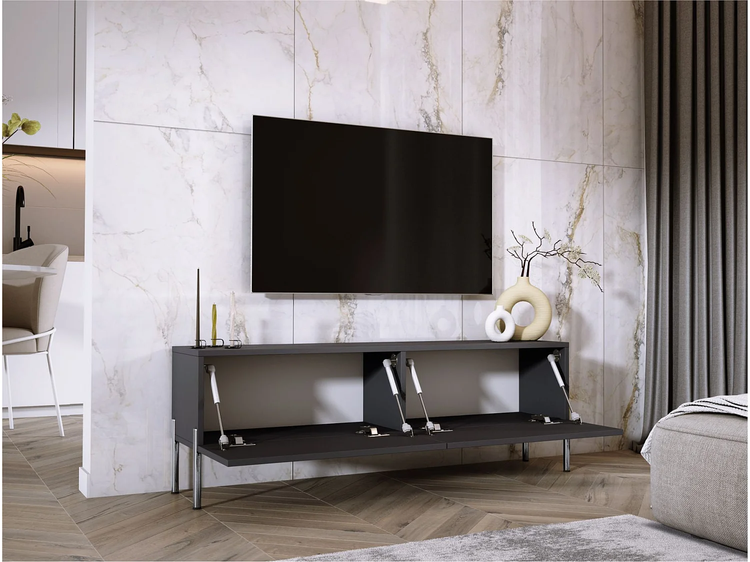 Meuble TV:  Anthracite, pieds Chrome, 140 x 52 x 32 cm