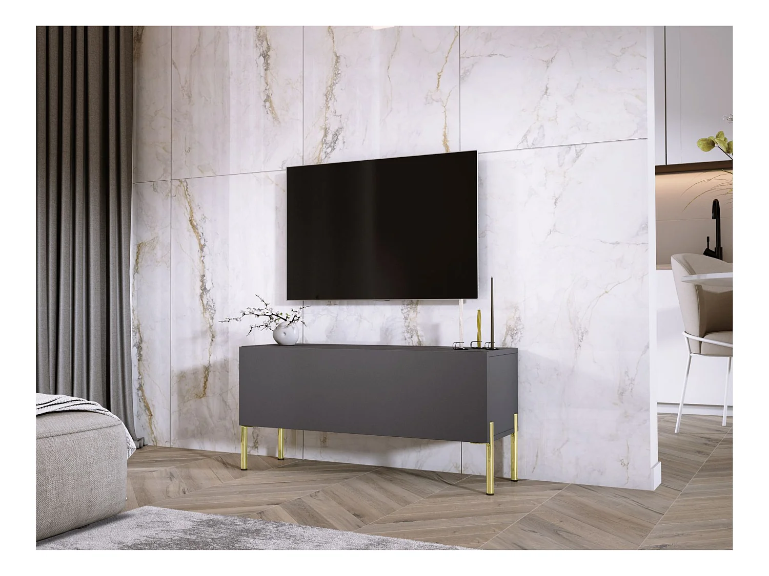 Meuble TV Anthracite, pieds dorées, 100 x 52 x 32 cm