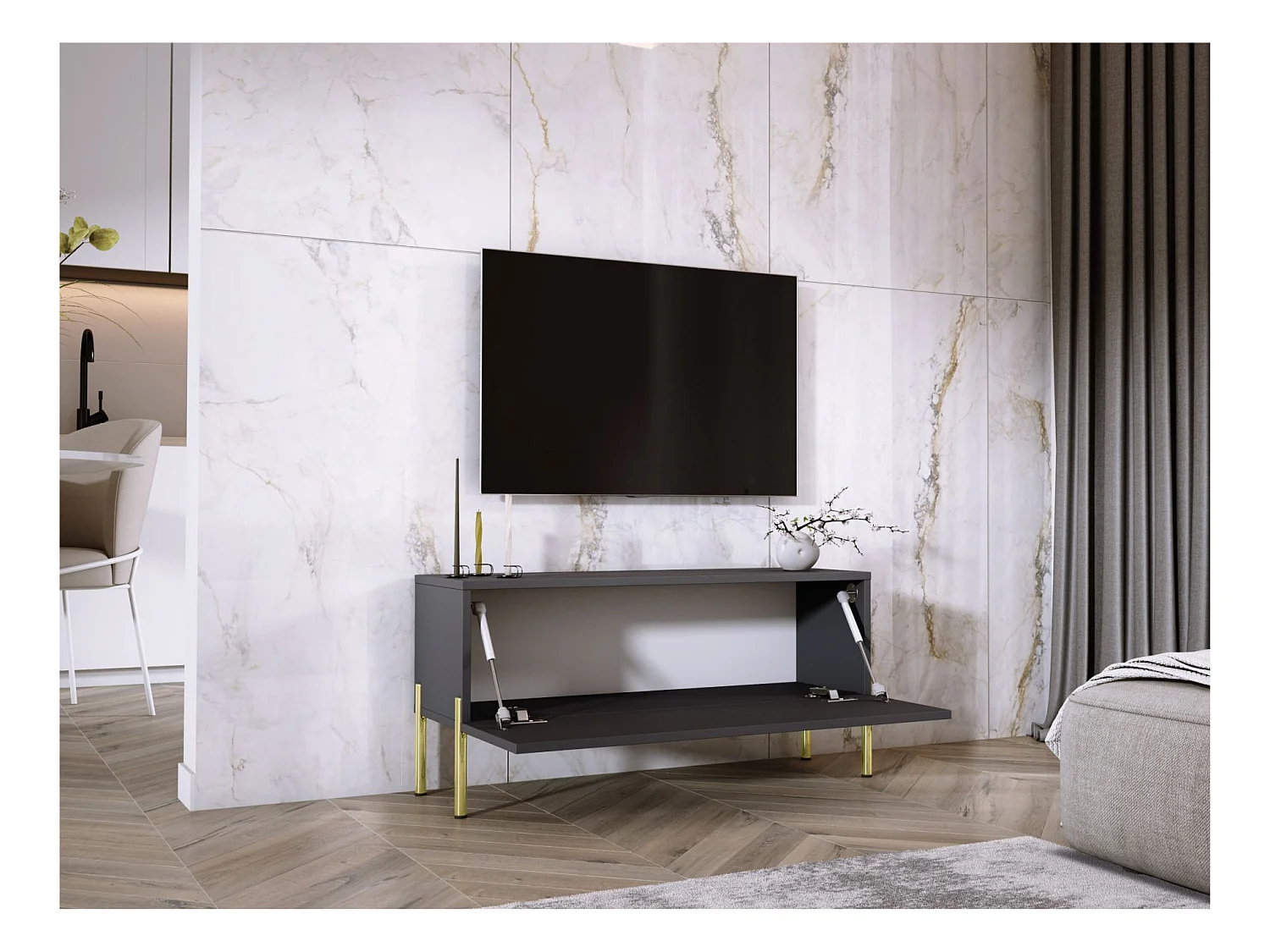 Meuble TV Anthracite, pieds dorées, 100 x 52 x 32 cm