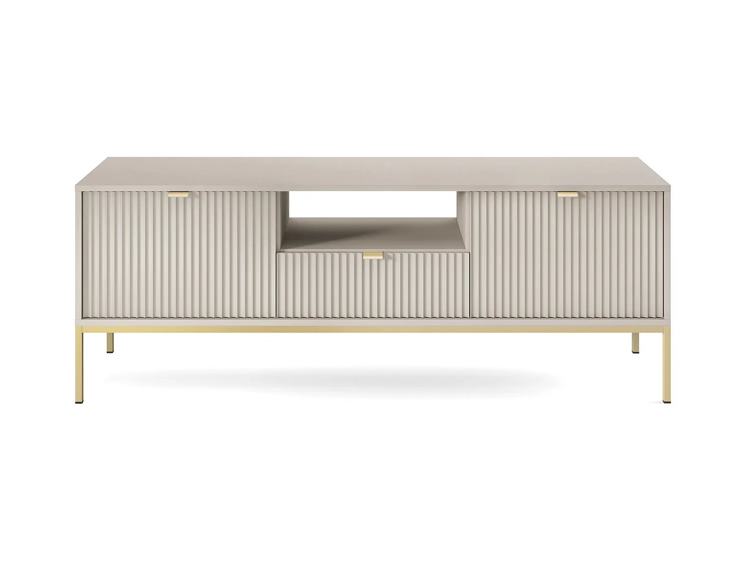 Meuble TV : 1 tiroir, 2 portes, Cachemire, or, 154 x 56 x 39 cm, poignées dorées
