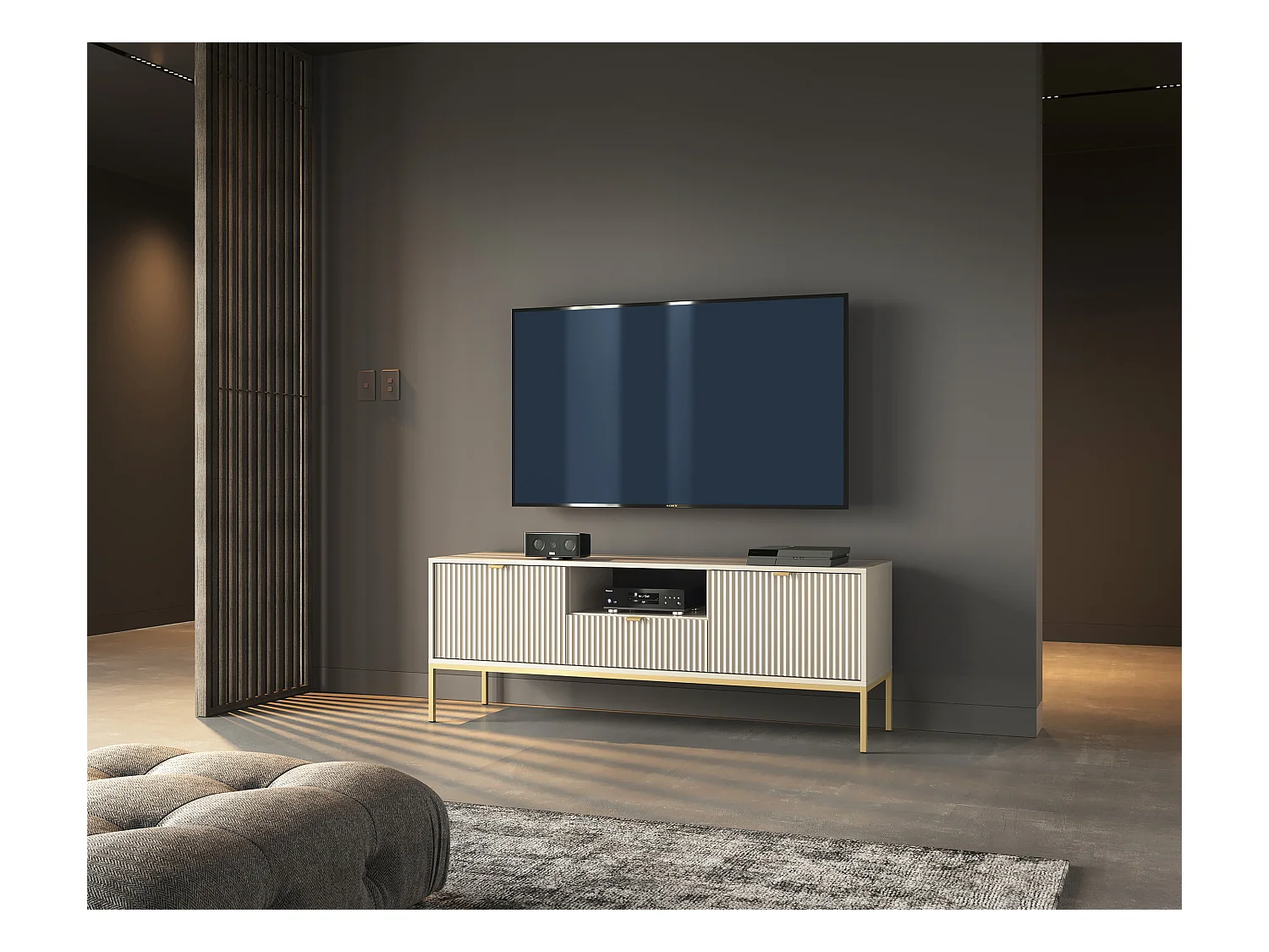 Meuble TV : 1 tiroir, 2 portes, Cachemire, or, 154 x 56 x 39 cm, poignées dorées