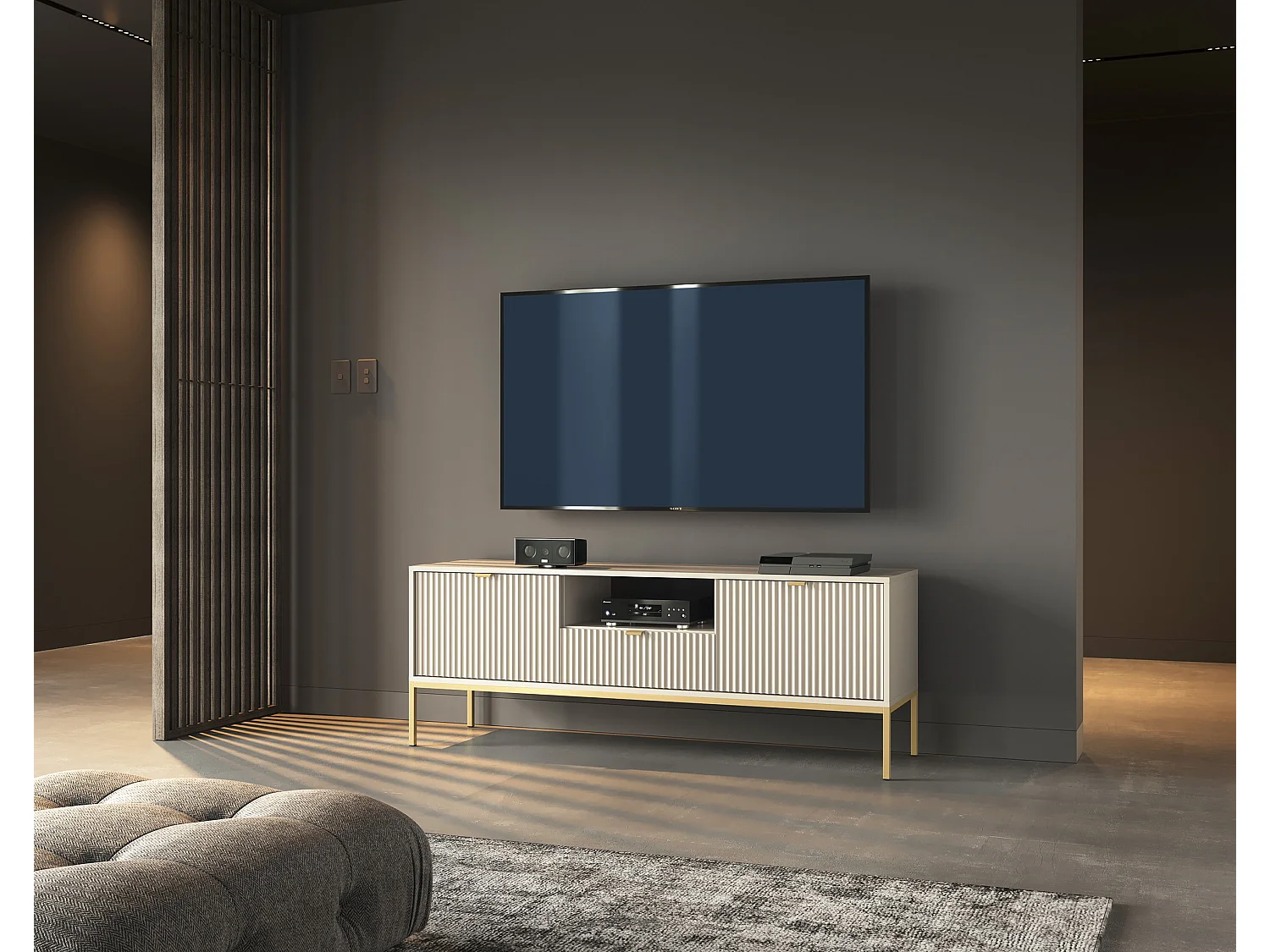 Szafka RTV: 1 szuflada, 2 drzwi, Kaszmir, złoty, 154 x 56 x 39 cm, złote uchwyty