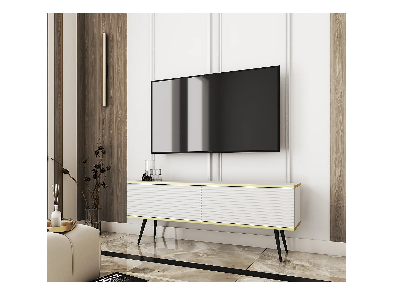 Szafka RTV z białymi listwami, czarne nóżki, 135 x 30 x 52 cm, Push to Open