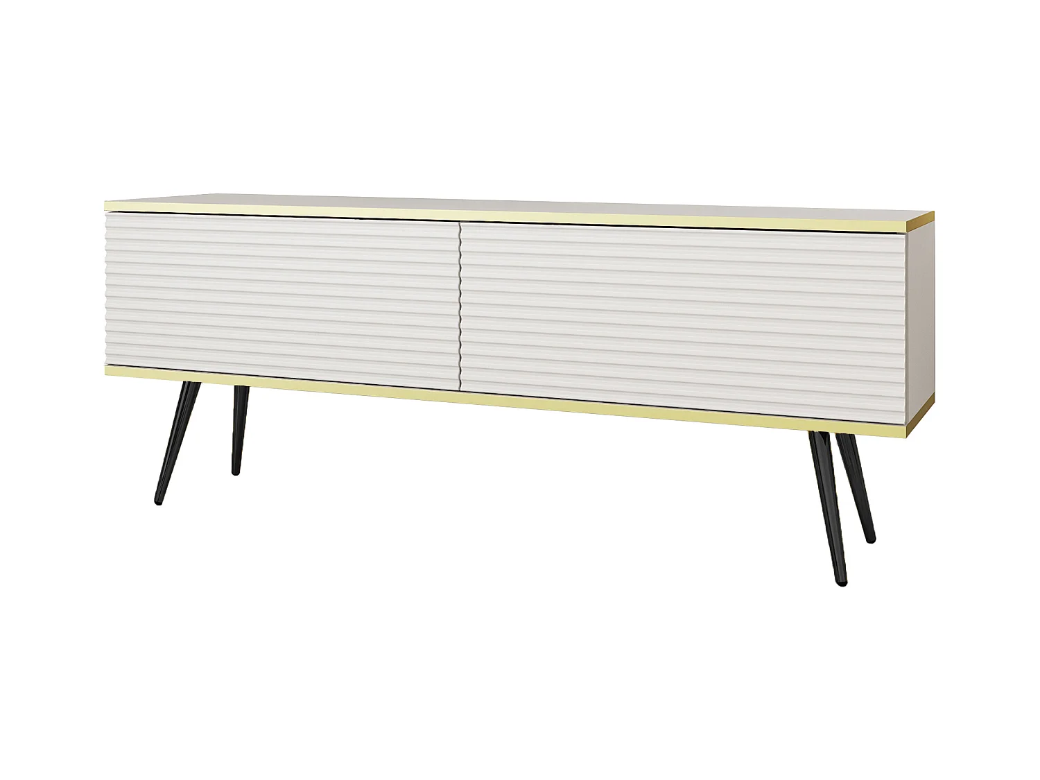 Szafka RTV z białymi listwami, czarne nóżki, 135 x 30 x 52 cm, Push to Open