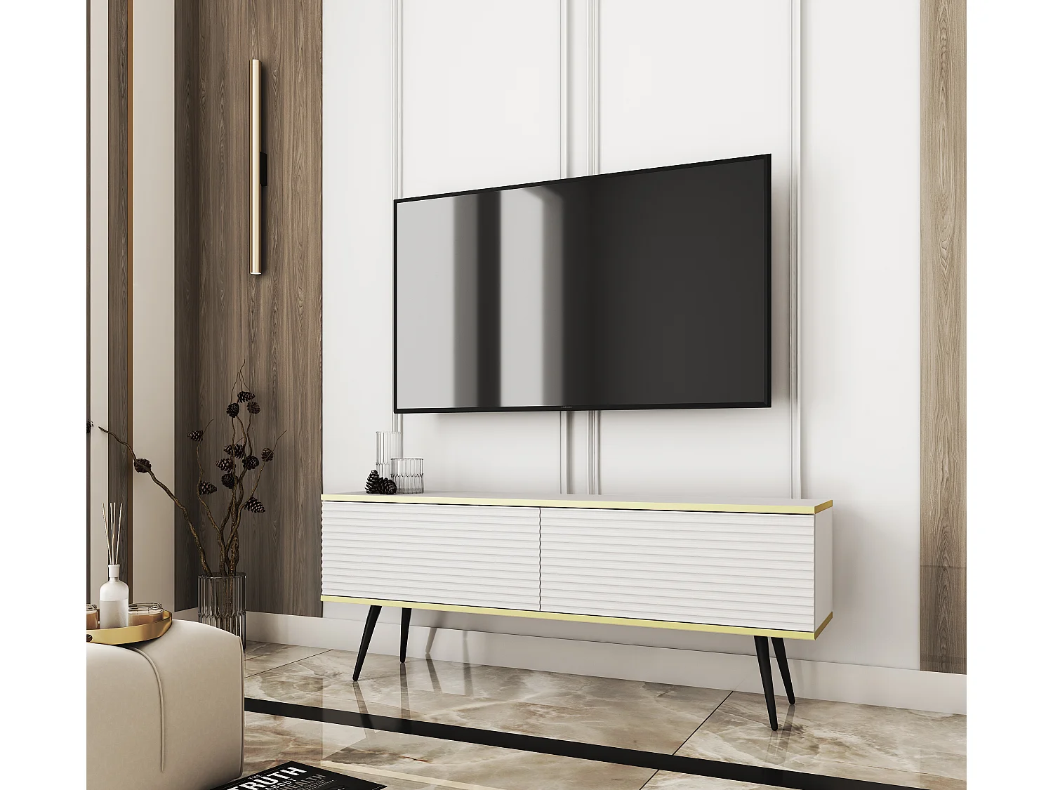 TV-meubel met witte latten, zwarte poten, 135 x 30 x 52 cm, Push to Open