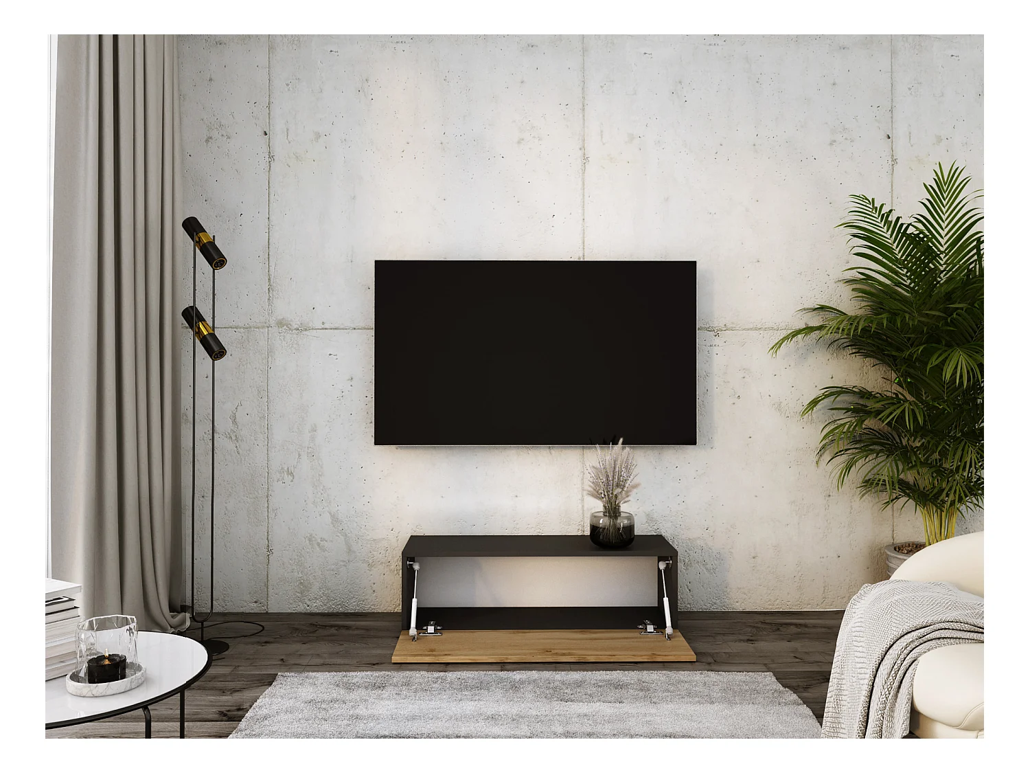 Mobile TV sospeso, 100 x 34 x 32 cm, Nero opaco / Rovere Wotan