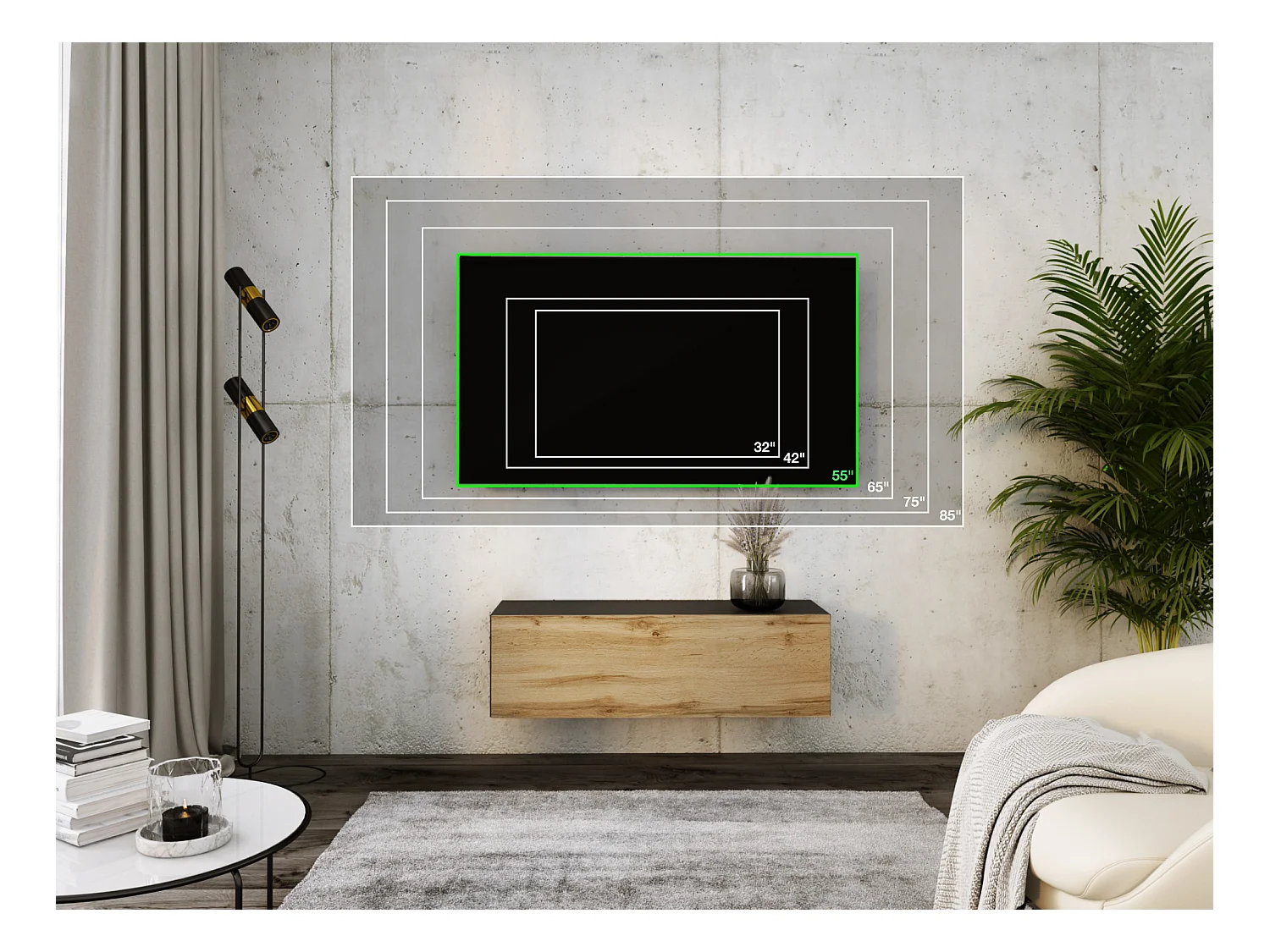 Mobile TV sospeso, 100 x 34 x 32 cm, Nero opaco / Rovere Wotan