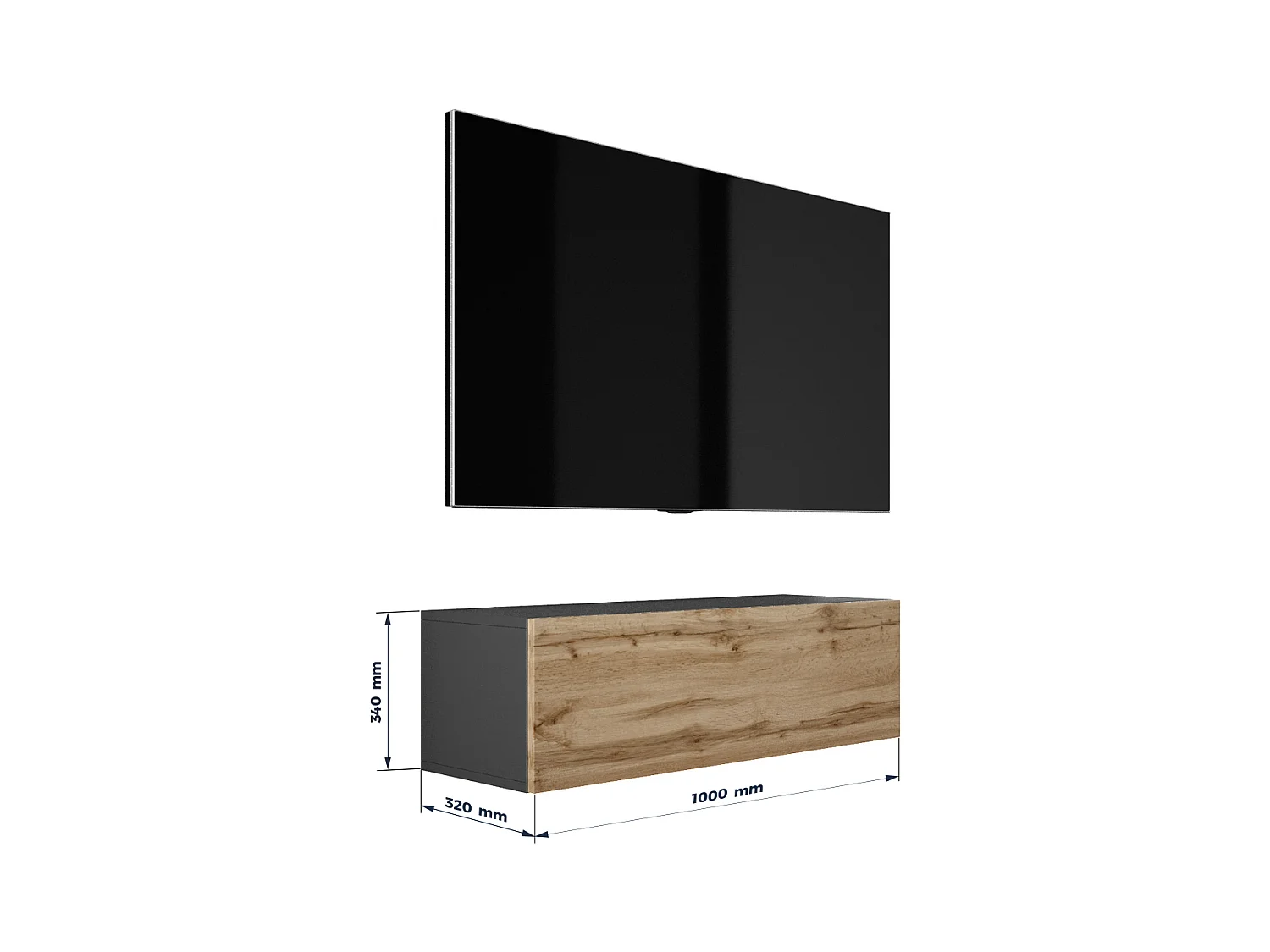 Mobile TV sospeso, 100 x 34 x 32 cm, Nero opaco / Rovere Wotan