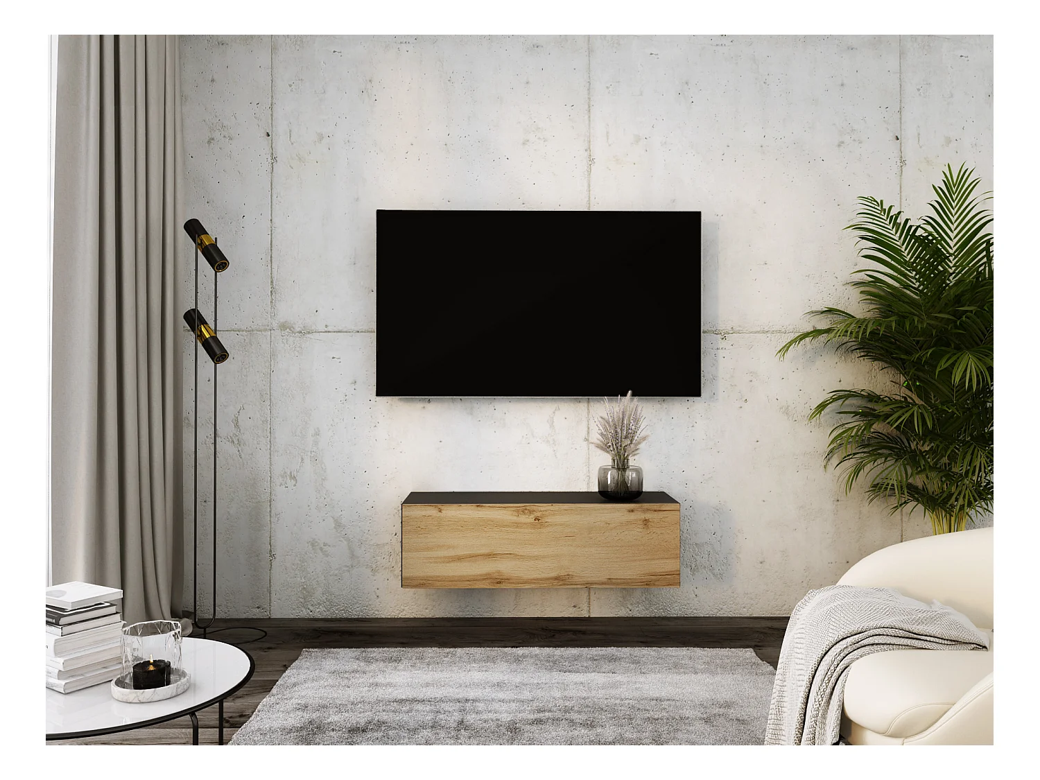 Meuble TV Suspendu, 100 x 34 x 32 cm, Noir Mat / Chêne Wotan