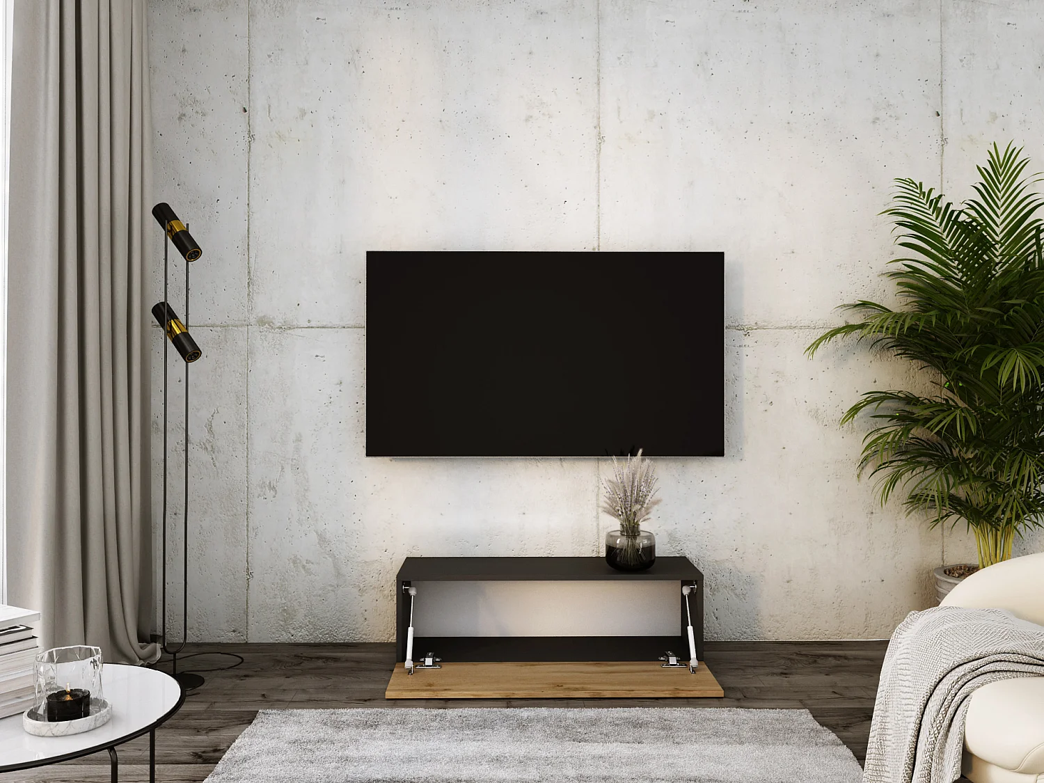 Mobile TV sospeso, 100 x 34 x 32 cm, Nero opaco / Rovere Wotan