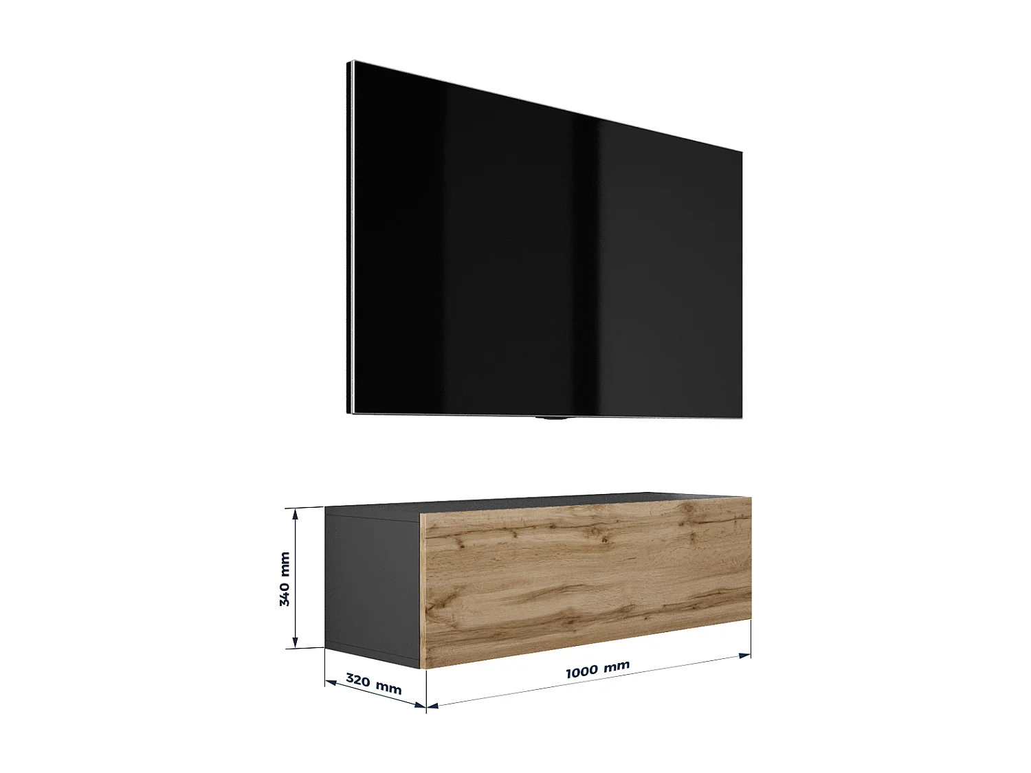 Mobile TV sospeso, 100 x 34 x 32 cm, Nero opaco / Rovere Wotan