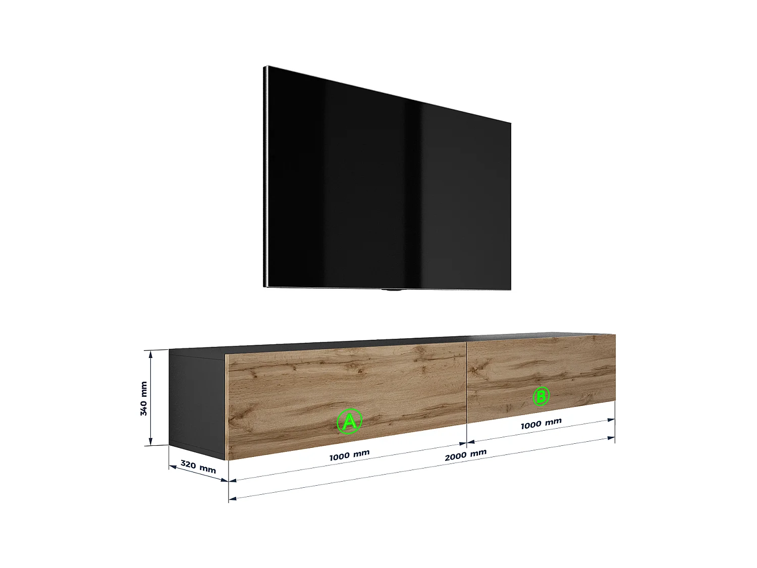 Zawieszana szafka RTV, (2 x 100) x 34 x 32 cm, Czarny Mat / Dąb Wotan