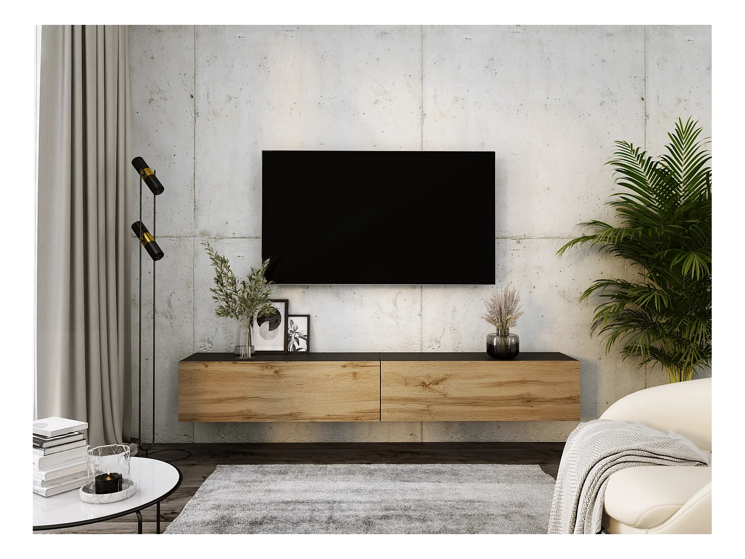 Meuble TV Suspendu, (2 x 100) x 34 x 32 cm, Noir Mat / Chêne Wotan