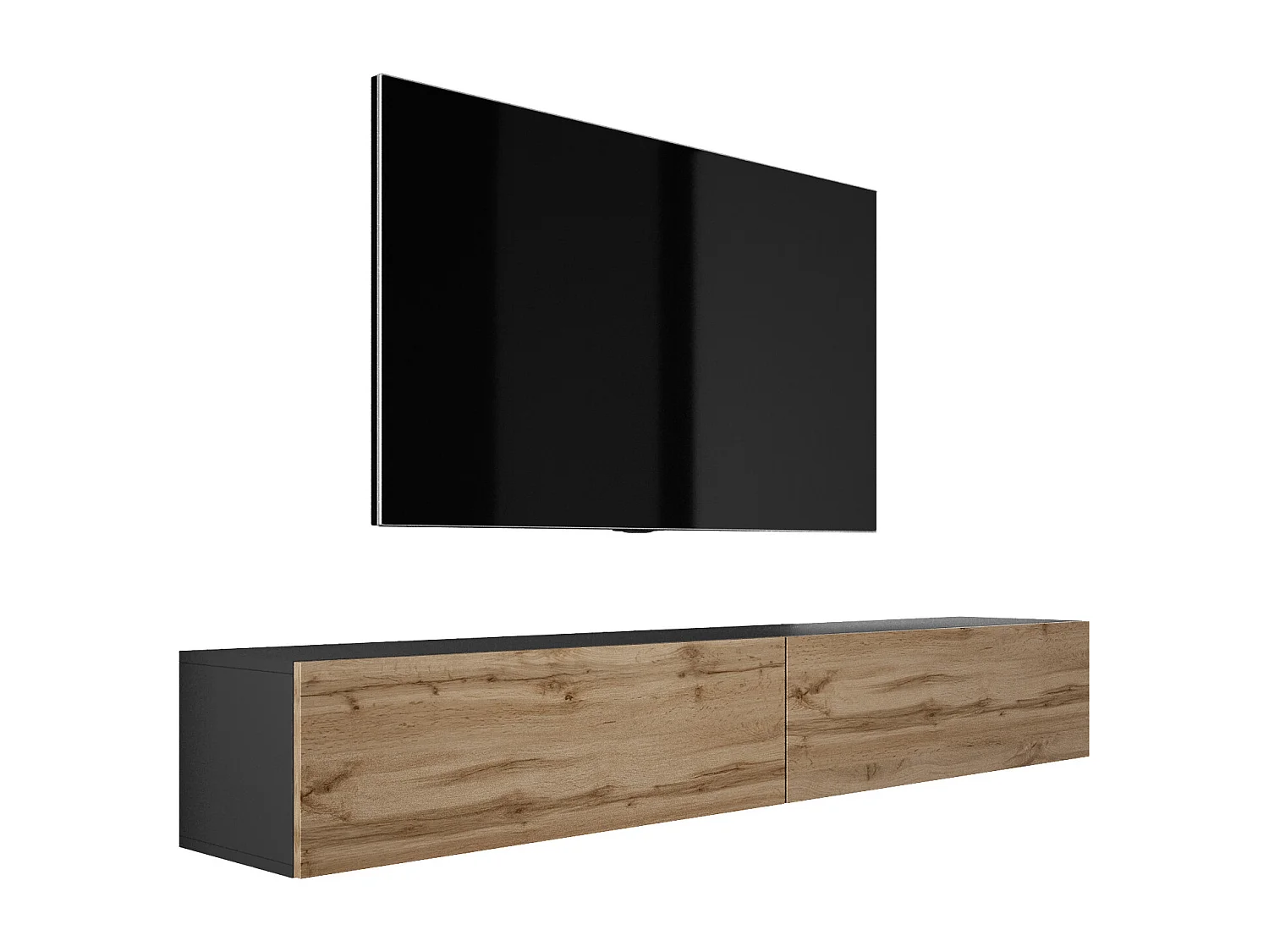 Meuble TV Suspendu, (2 x 100) x 34 x 32 cm, Noir Mat / Chêne Wotan