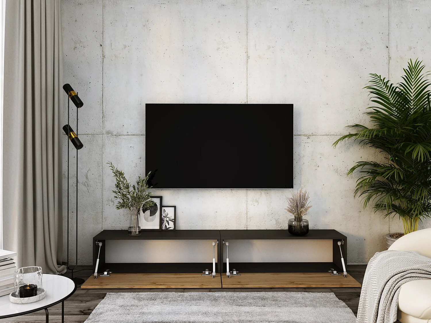 Meuble TV Suspendu, (2 x 100) x 34 x 32 cm, Noir Mat / Chêne Wotan