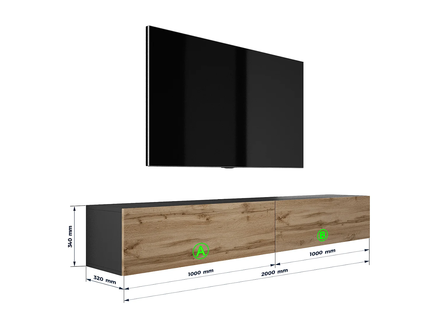 Meuble TV Suspendu, (2 x 100) x 34 x 32 cm, Noir Mat / Chêne Wotan