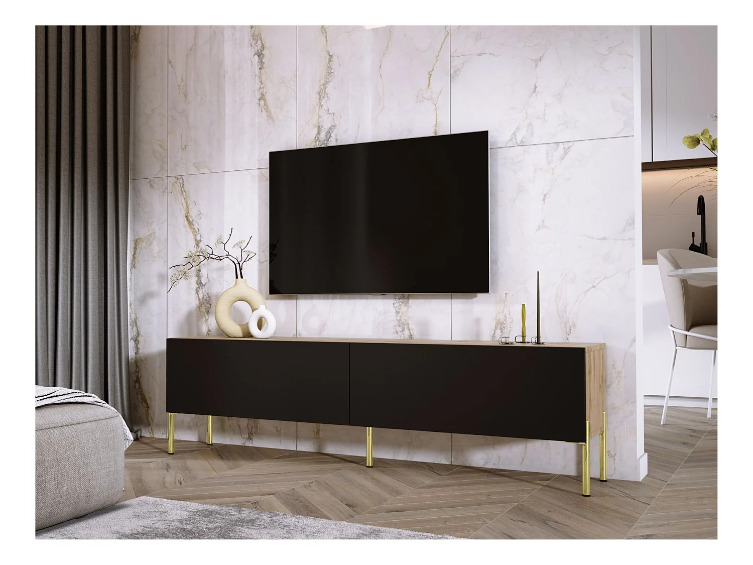 TV-meubel: Wotan Eiken / Mat Zwart, gouden poten, 170 x 52 x 32 cm