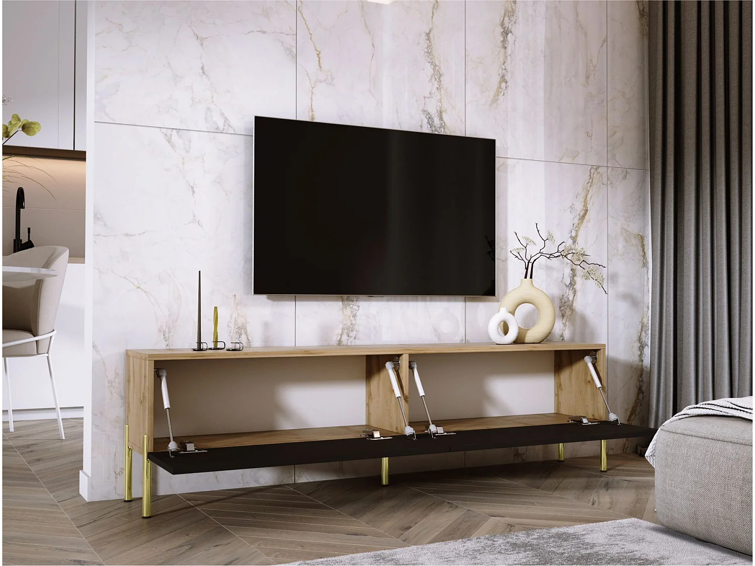 Móvel TV: Wotan Oak / Matt Black, pés dourados, 170 x 52 x 32 cm