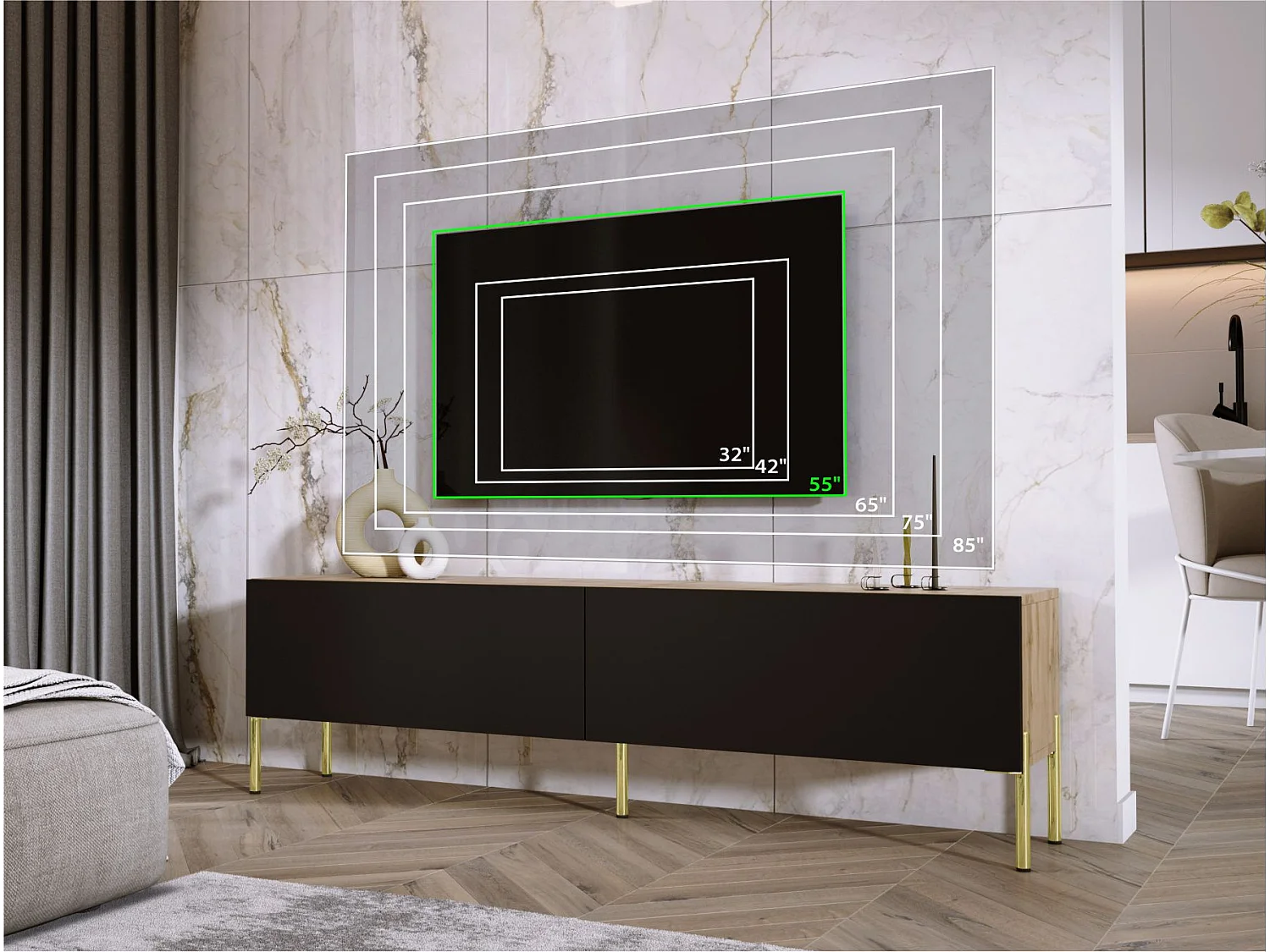 Móvel TV: Wotan Oak / Matt Black, pés dourados, 170 x 52 x 32 cm