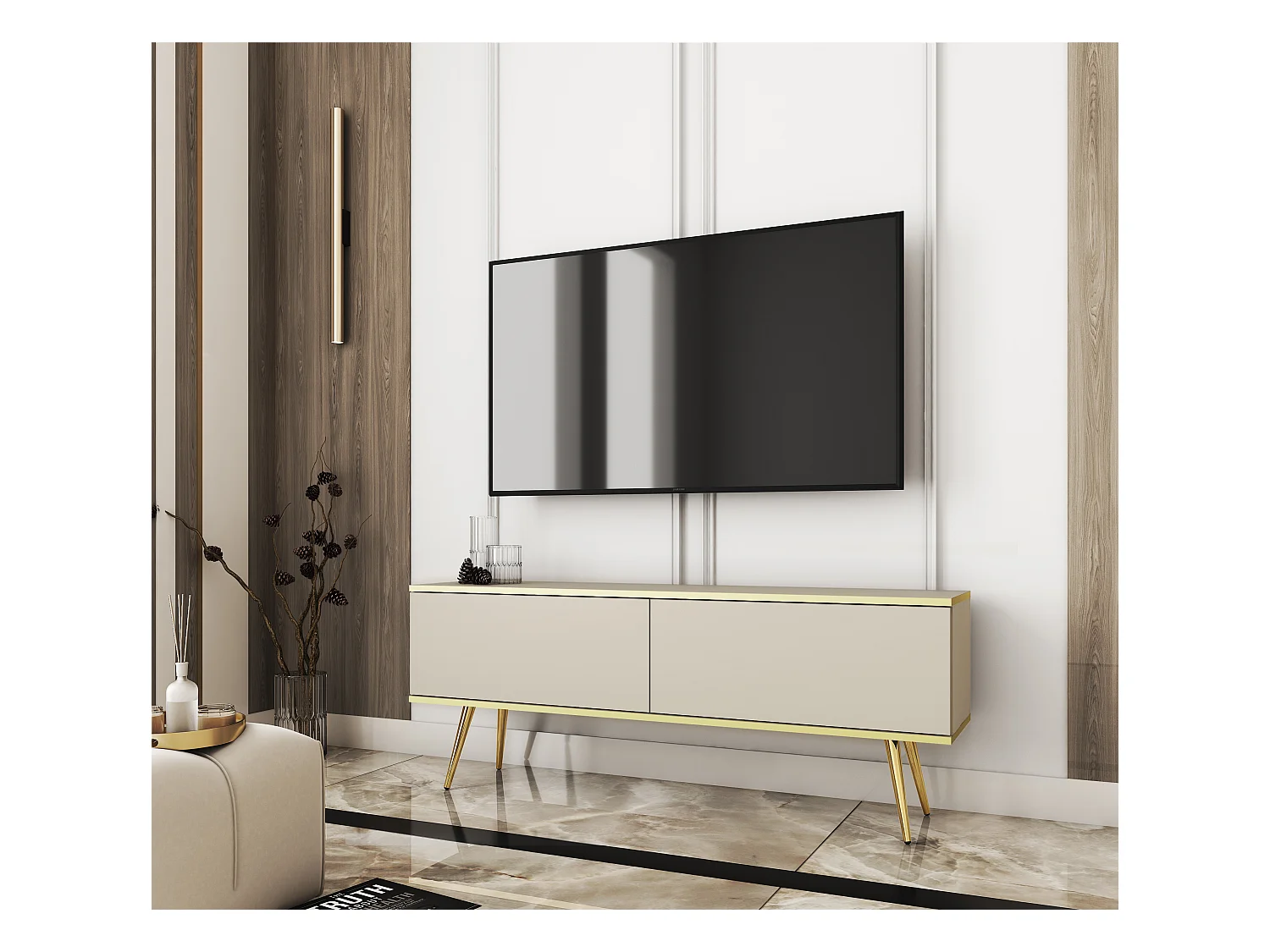 Meuble TV, Beige, pieds Or, 135 x 30 x 52 cm, Push to Open