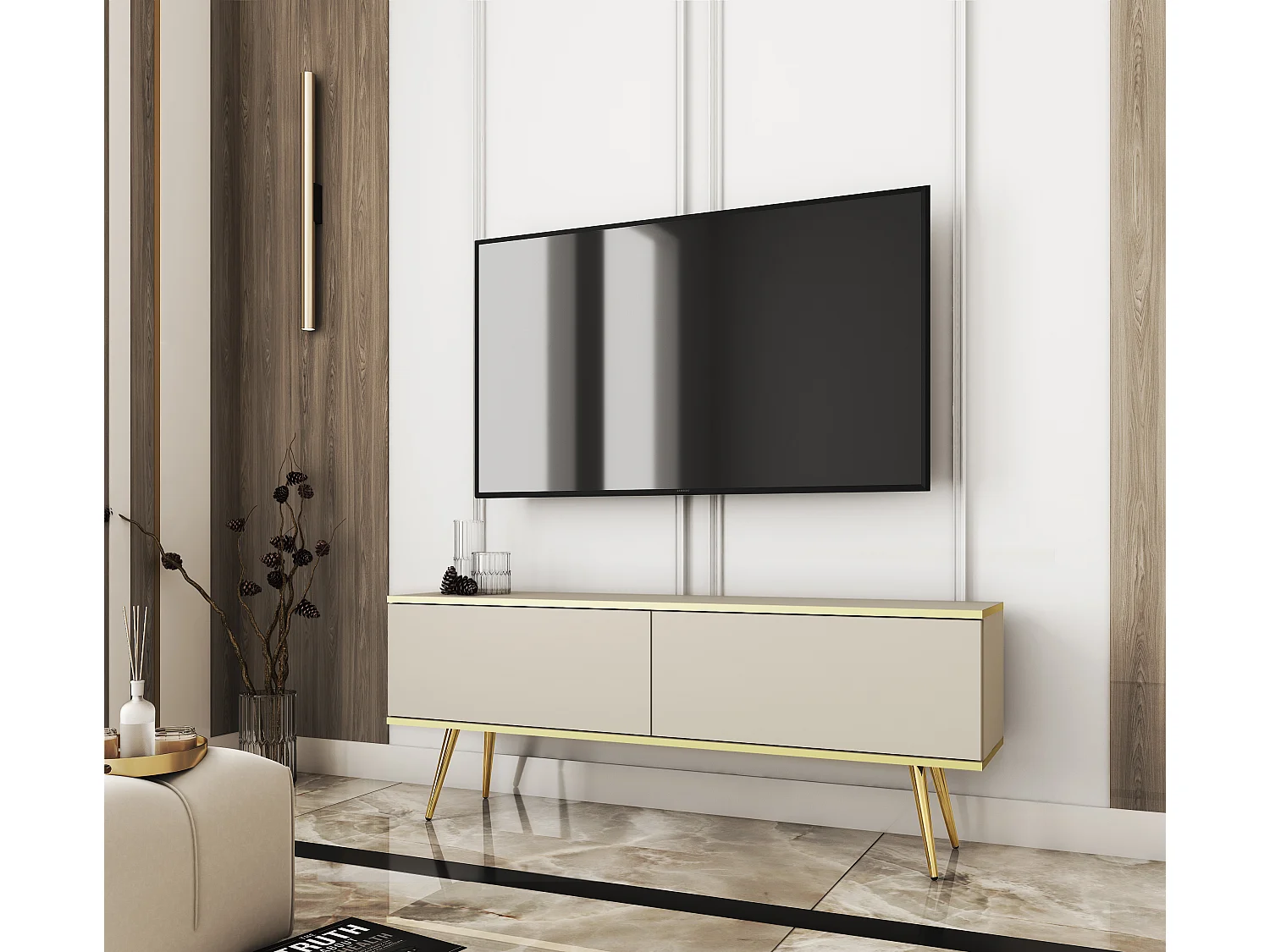 TV-Schrank, Beige, goldene Beine, 135 x 30 x 52 cm, Push-to-Open