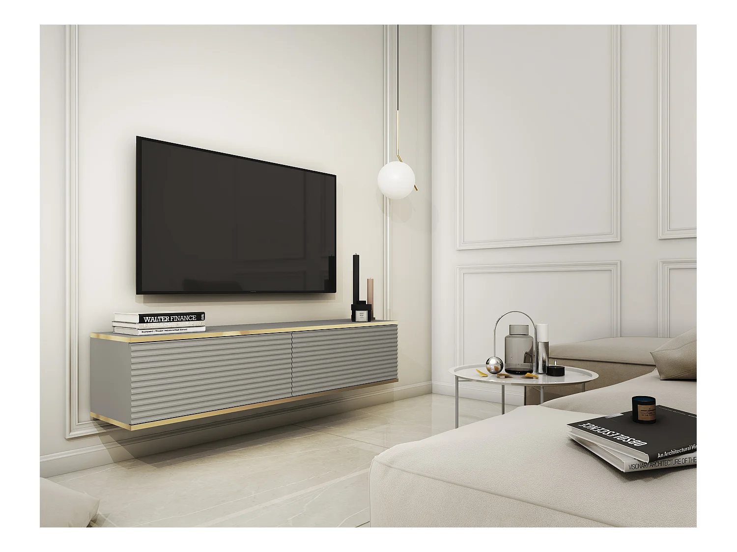 Meuble TV Avec Lamelles Gris, 135 x 30 x 32 cm, Push to Open