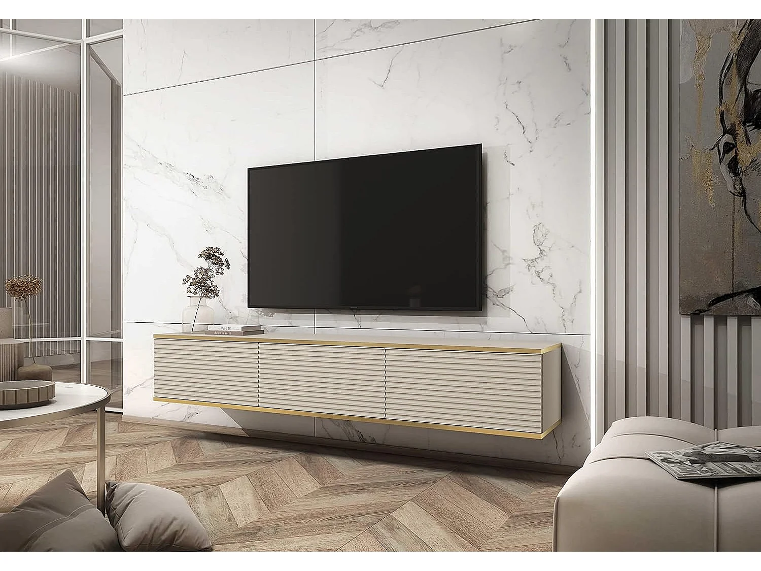 Tv-meubel met beige latten, 175 x 32 x 30 cm, open te duwen