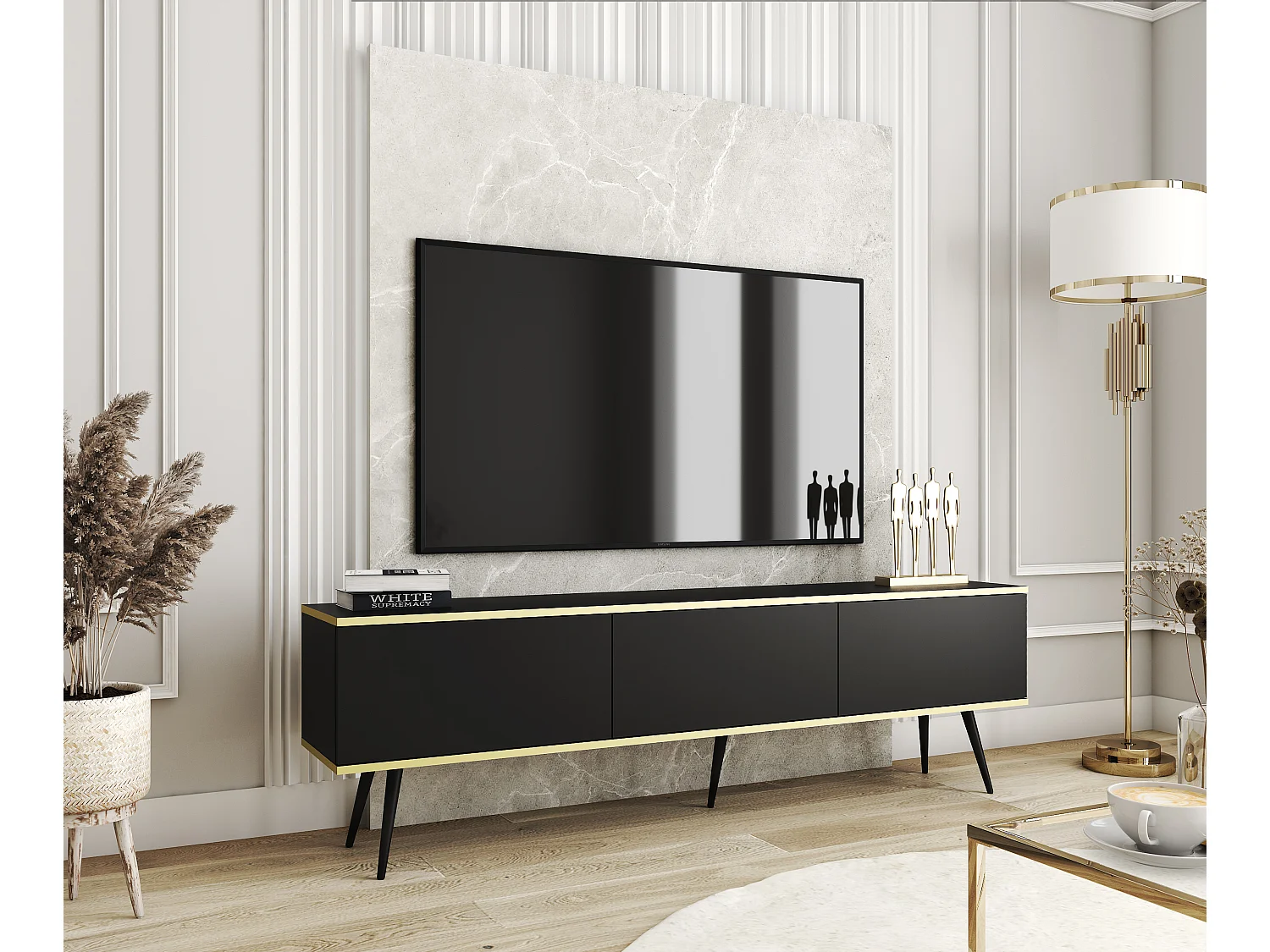 Meuble TV, Noir, pieds Noir, 175 x 30 x 52 cm, Push to Open