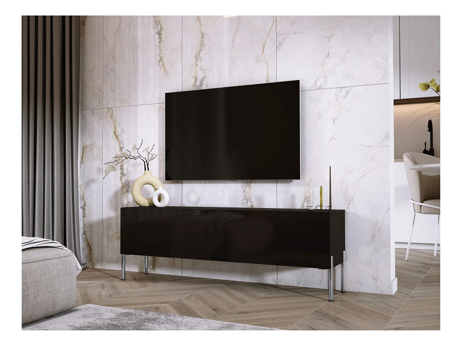 Meuble TV : Noir Mat, pieds Chrome, 140 x 52 x 32 cm