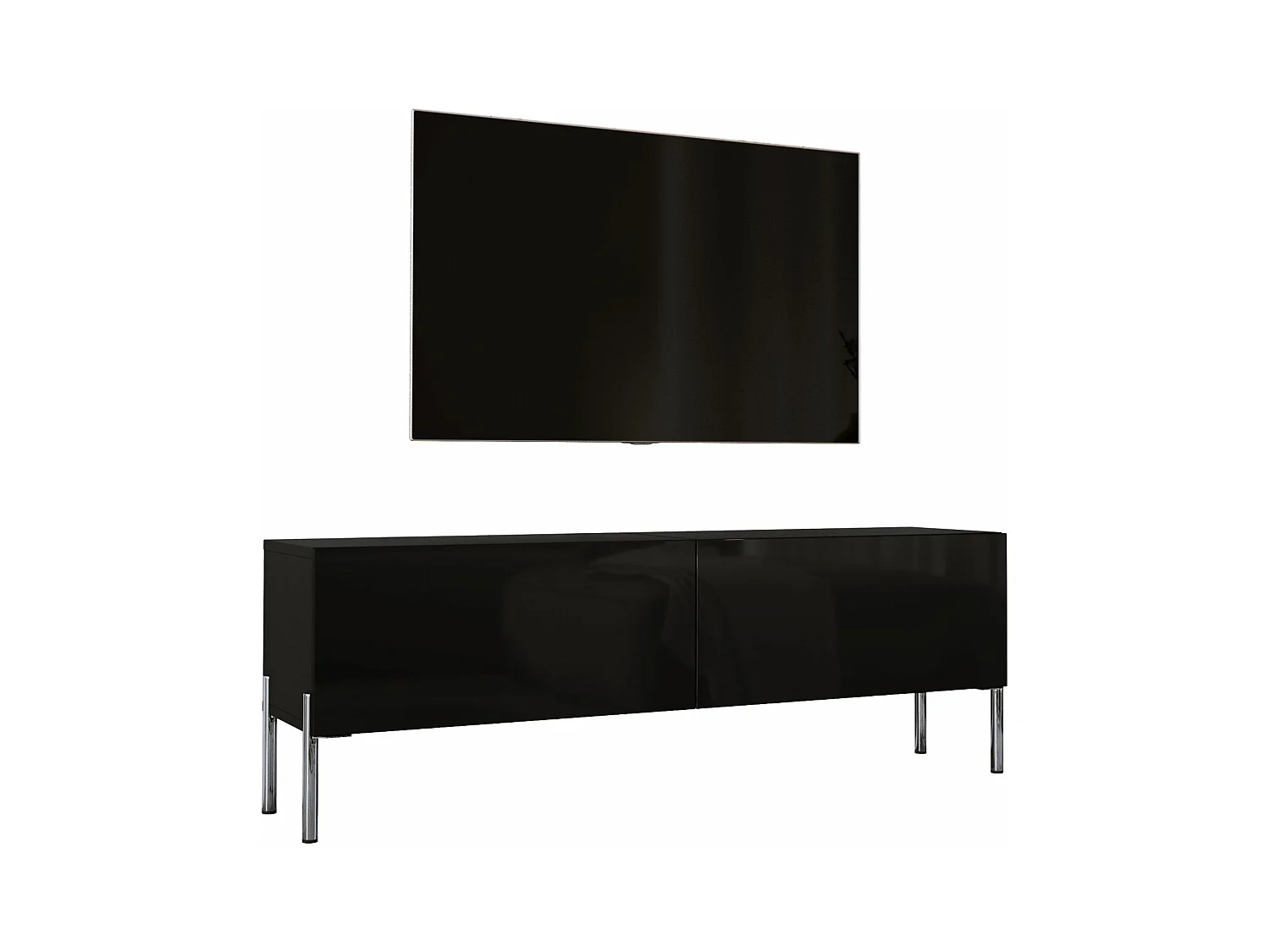 Meuble TV : Noir Mat, pieds Chrome, 140 x 52 x 32 cm