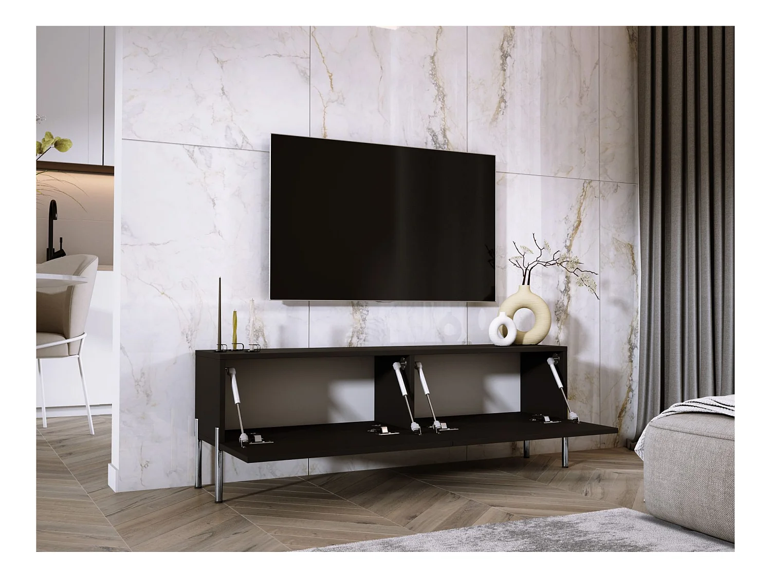 Meuble TV : Noir Mat, pieds Chrome, 140 x 52 x 32 cm