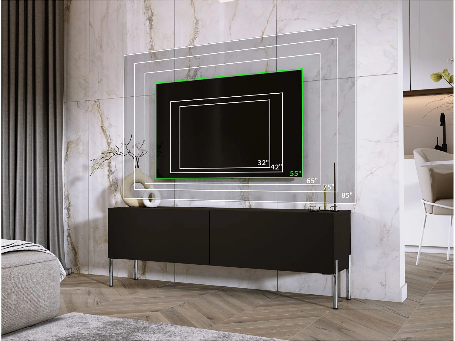 Móvel de TV: Preto mate, pernas cromadas, 140 x 52 x 32 cm