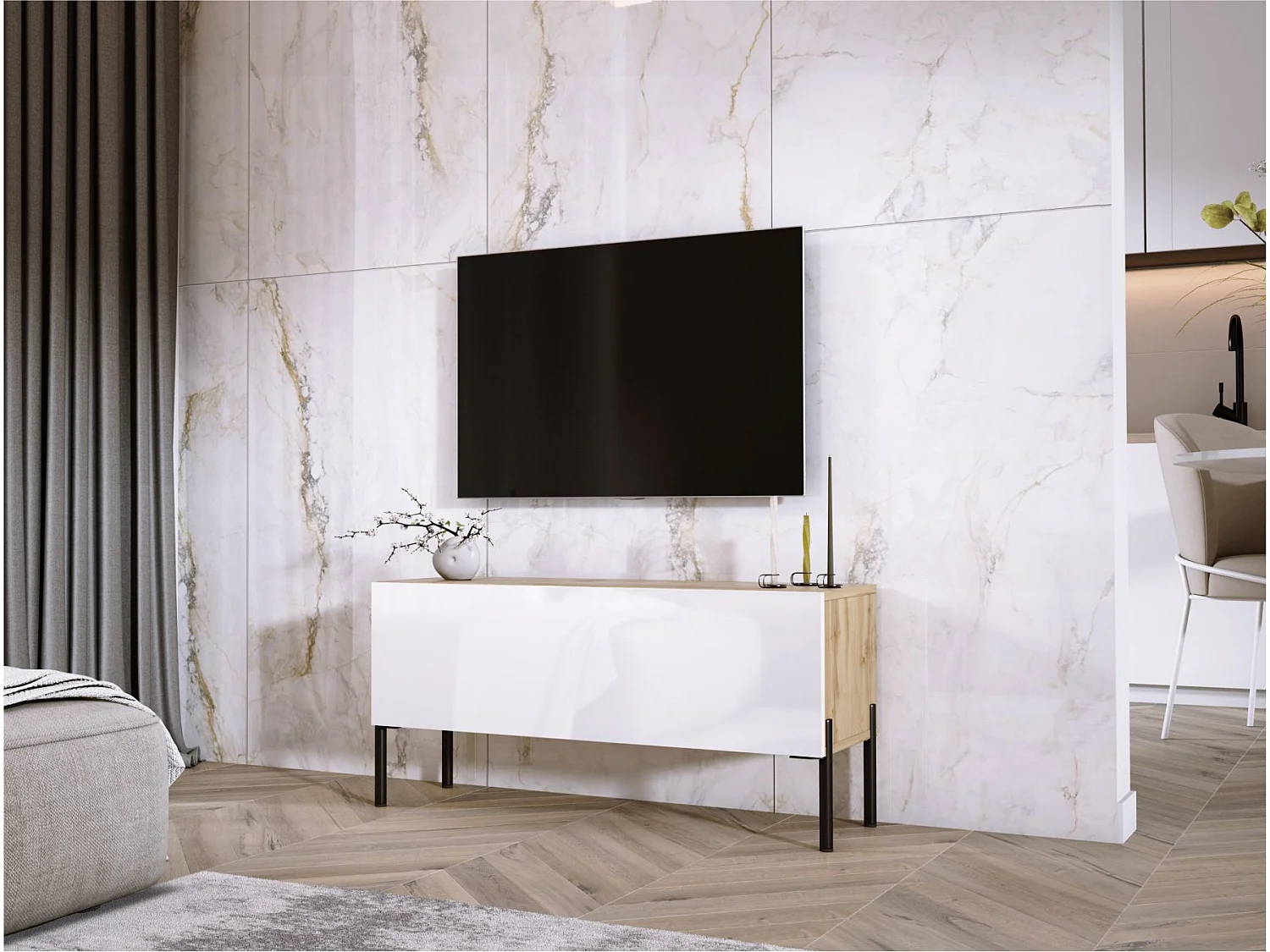 Móvel de TV Wotan Oak / branco brilhante, pernas pretas, 100 x 52 x 32 cm