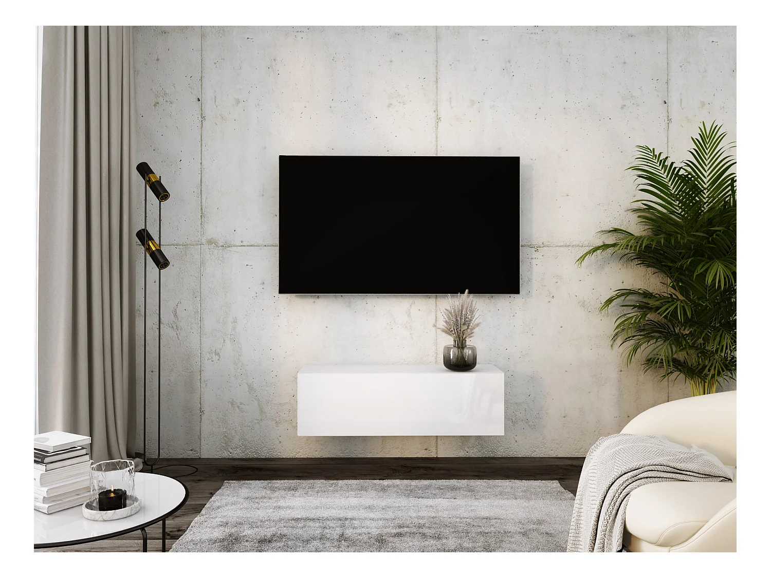 Meuble TV Suspendu, 100 x 34 x 32 cm, Blanc Mat / Blanc Brillant