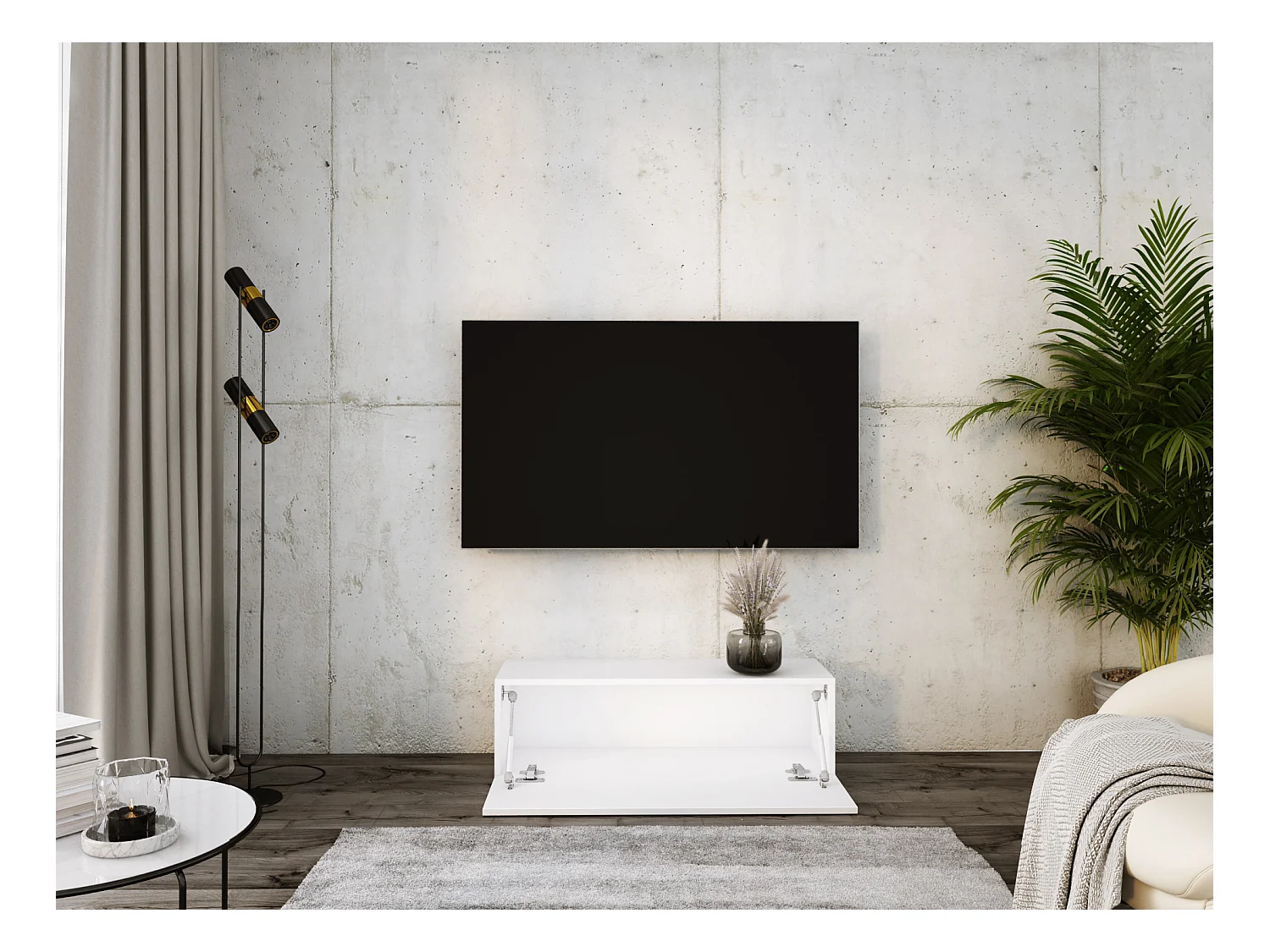 Meuble TV Suspendu, 100 x 34 x 32 cm, Blanc Mat / Blanc Brillant