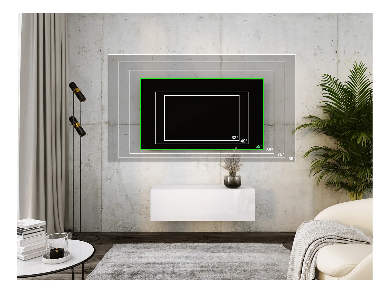 Meuble TV Suspendu, 100 x 34 x 32 cm, Blanc Mat / Blanc Brillant