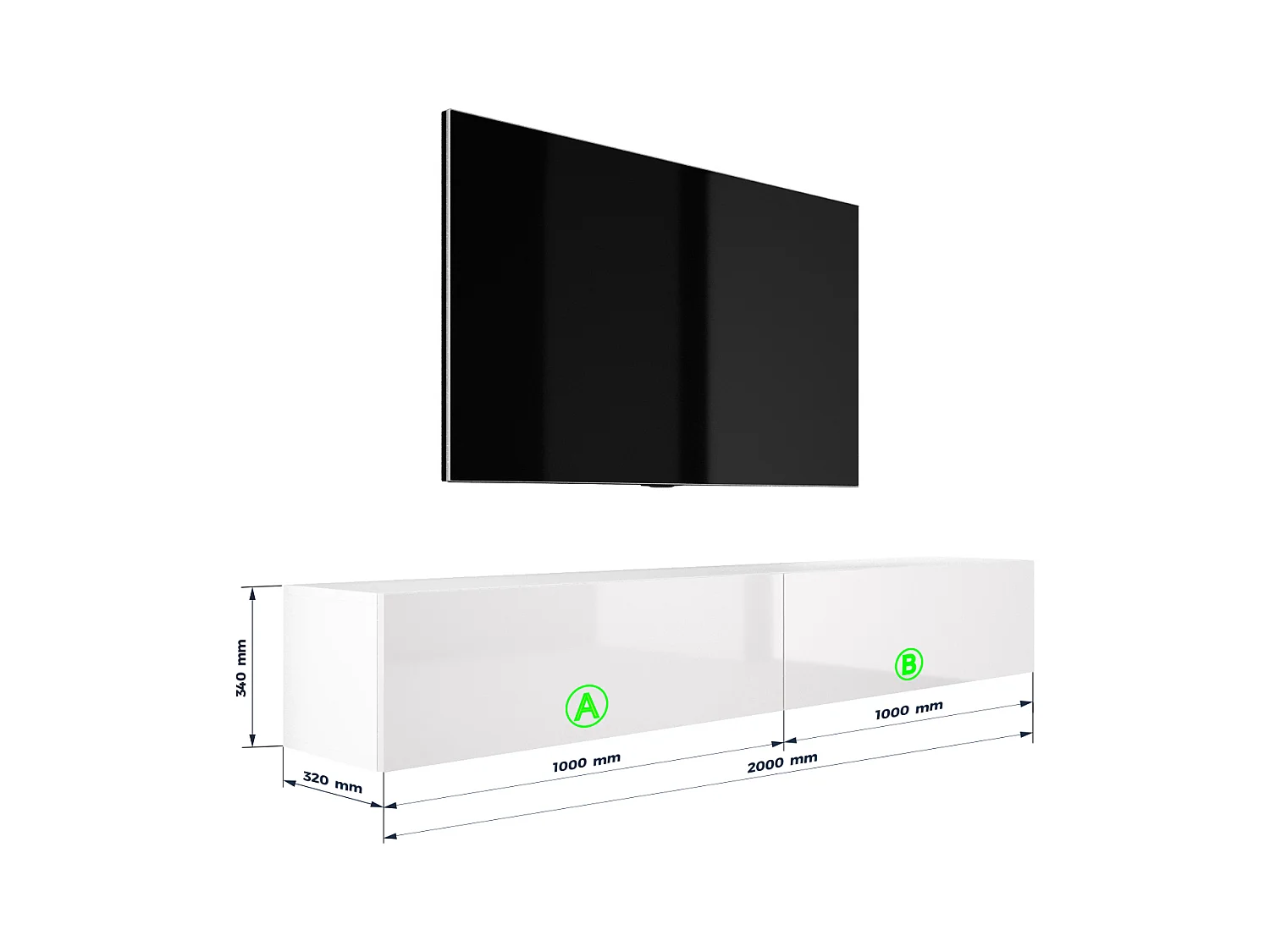 Meuble TV Suspendu, (2 x 100) x 34 x 32 cm, Blanc Mat / Blanc Brillant
