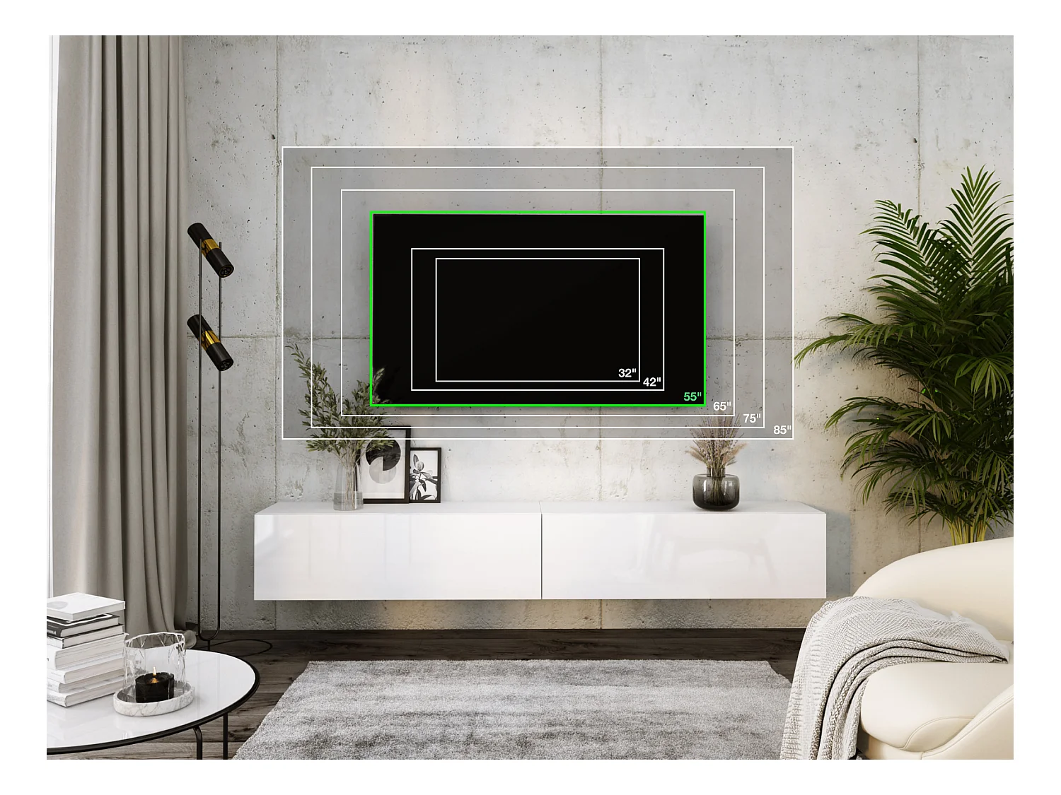 Meuble TV Suspendu, (2 x 100) x 34 x 32 cm, Blanc Mat / Blanc Brillant