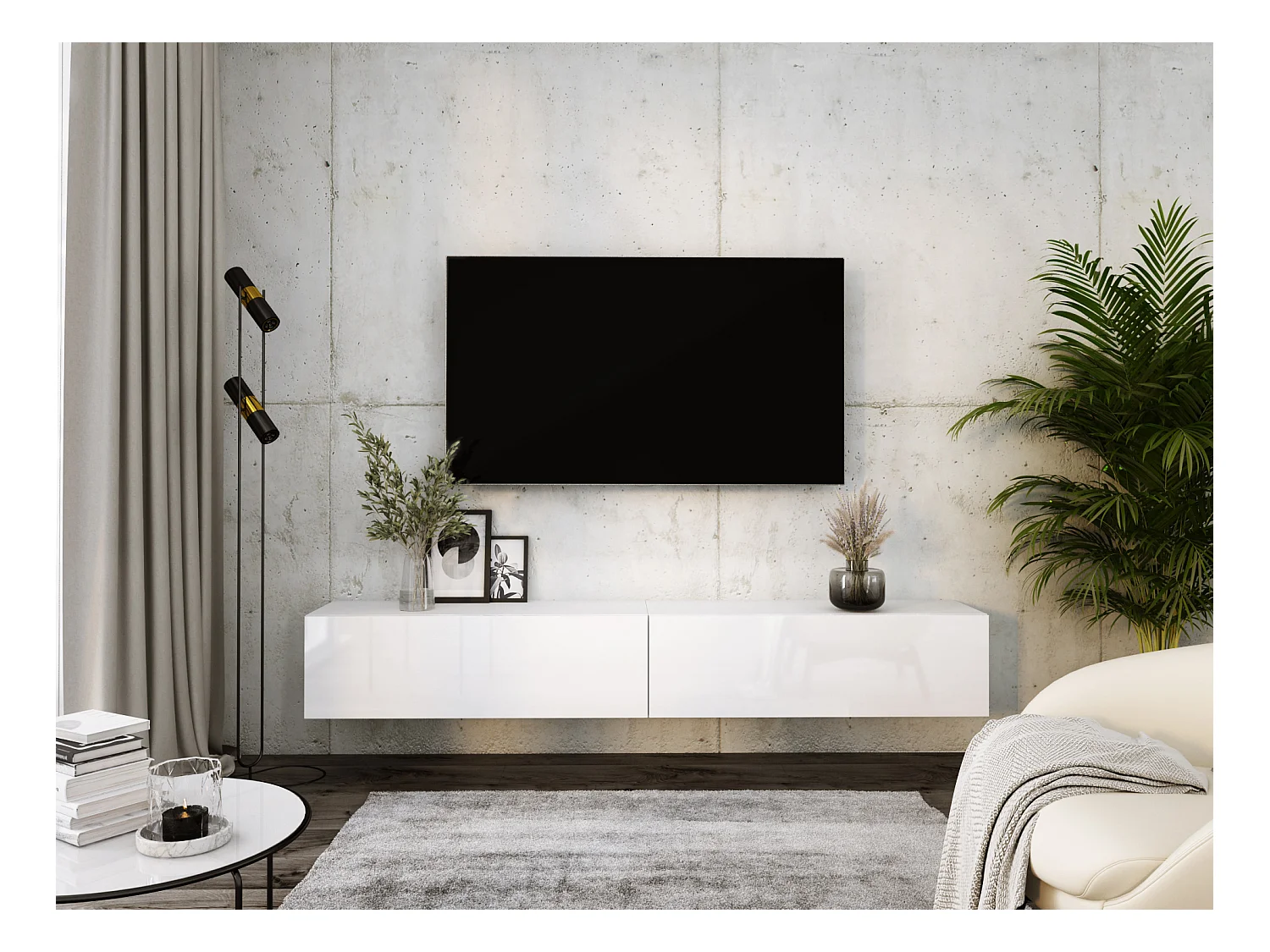 Hängendes TV-Gerät, (2 x 100) x 34 x 32 cm, Mattweiß / Hochglanzweiß