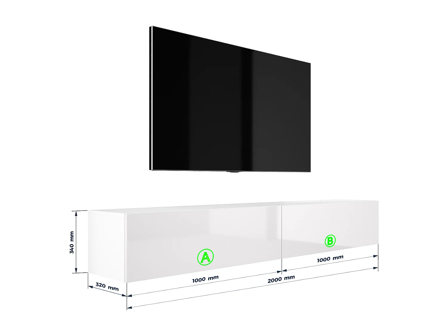 Meuble TV Suspendu, (2 x 100) x 34 x 32 cm, Blanc Mat / Blanc Brillant