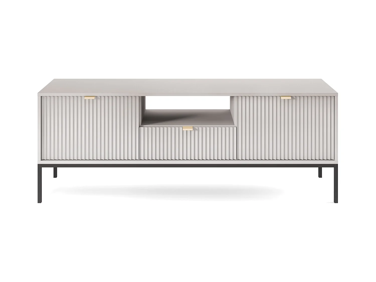 Meuble TV : 1 tiroir, 2 portes, Gris, Noir, 154 x 56 x 39 cm, poignées dorées