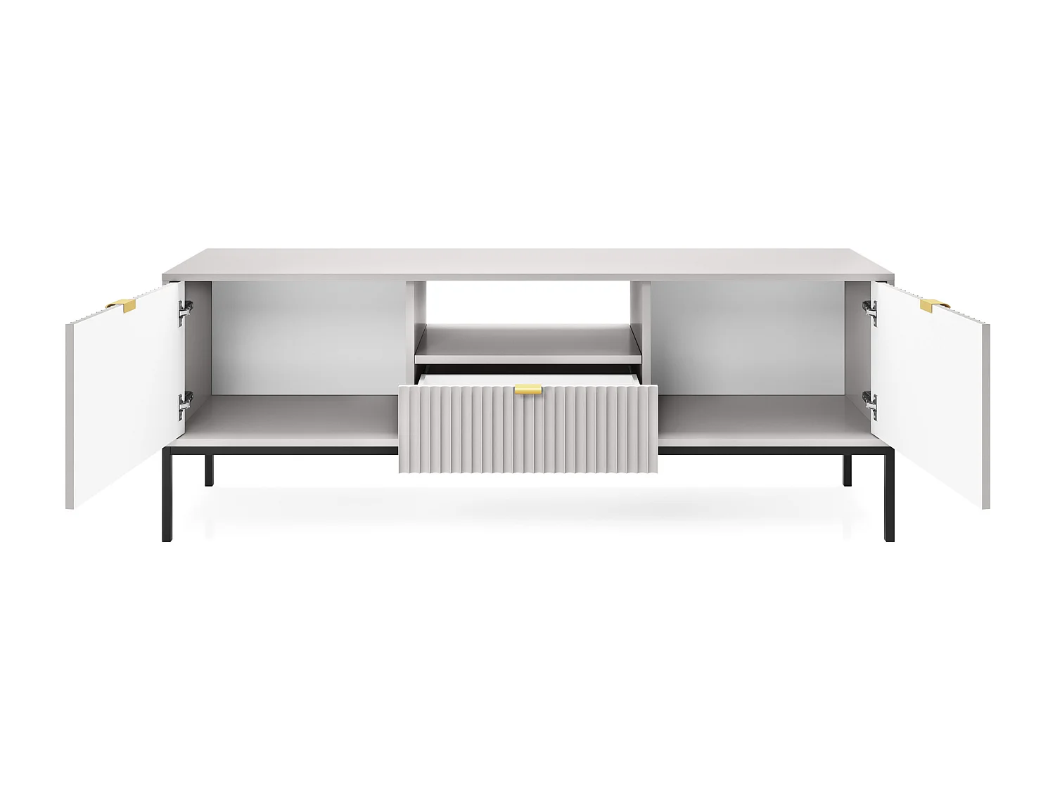 Szafka RTV: 1 szuflada, 2 drzwi, szary, czarny, 154 x 56 x 39 cm, złote uchwyty