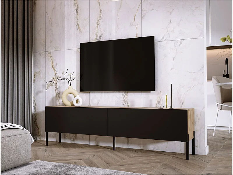 Meuble TV : Chêne Wotan / Noir Mat, pieds noires, 170 x 52 x 32 cm