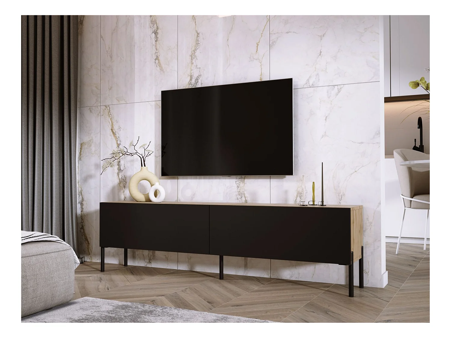 Meuble TV : Chêne Wotan / Noir Mat, pieds noires, 170 x 52 x 32 cm