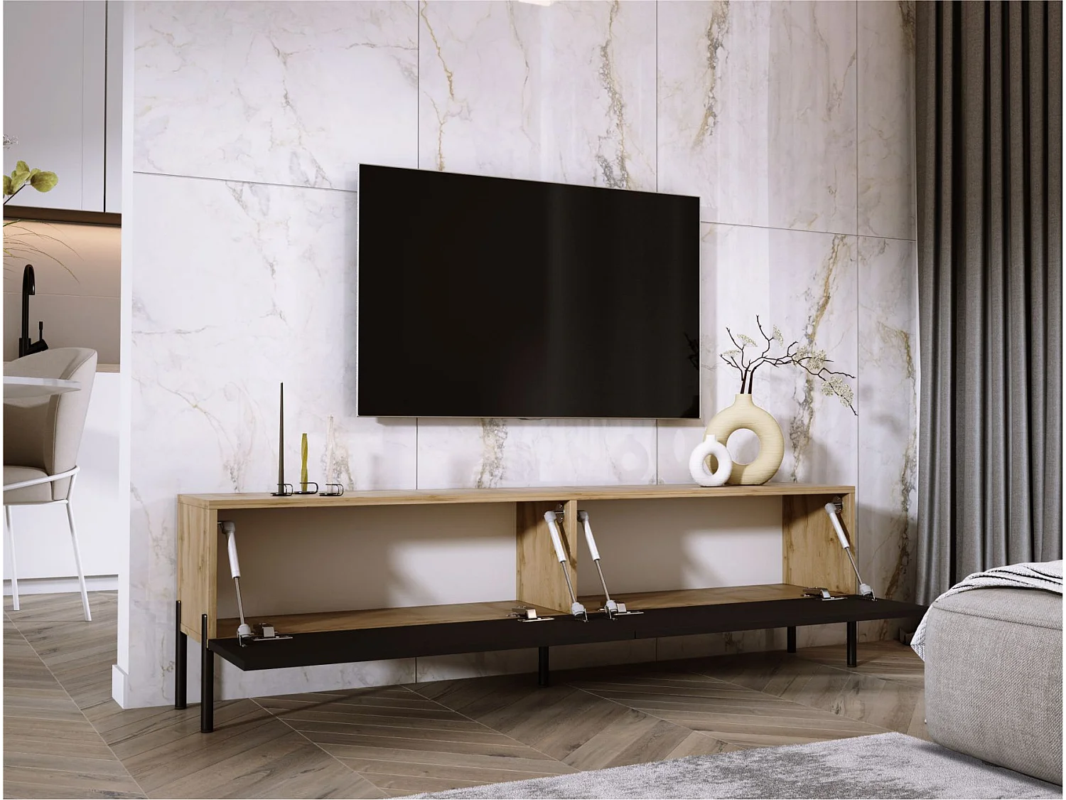 TV-Schrank: Wotan-Eiche / Mattschwarz, schwarze Beine, 170 x 52 x 32 cm