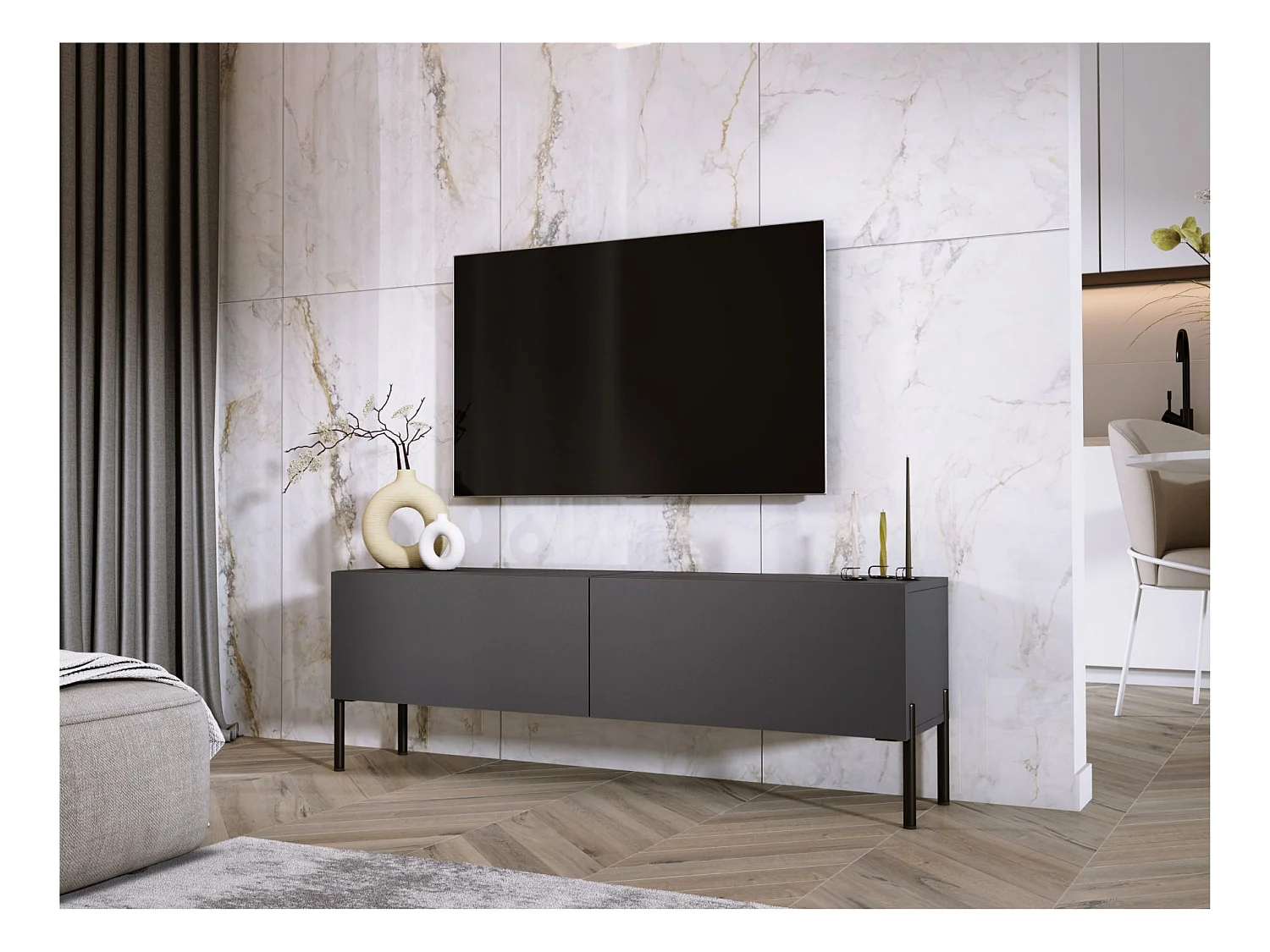 Meuble TV : Anthracite, pieds noires, 140 x 52 x 32 cm