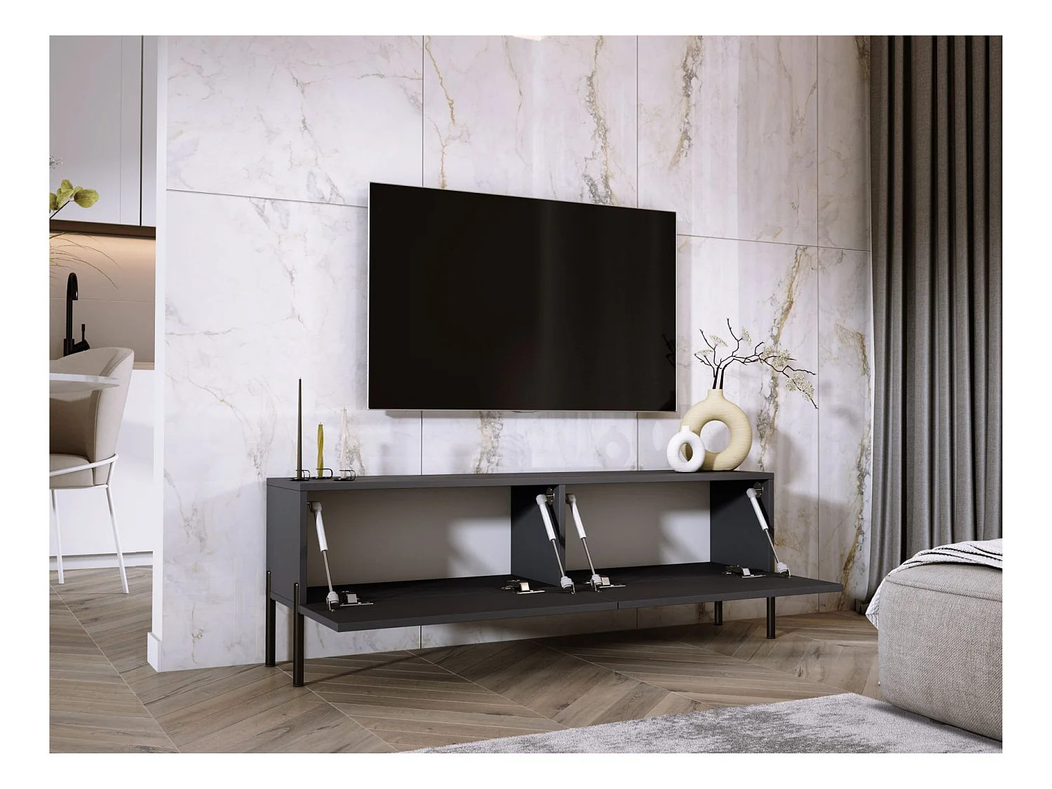 Meuble TV : Anthracite, pieds noires, 140 x 52 x 32 cm