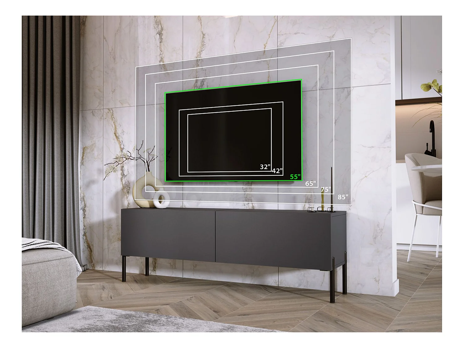 Meuble TV : Anthracite, pieds noires, 140 x 52 x 32 cm